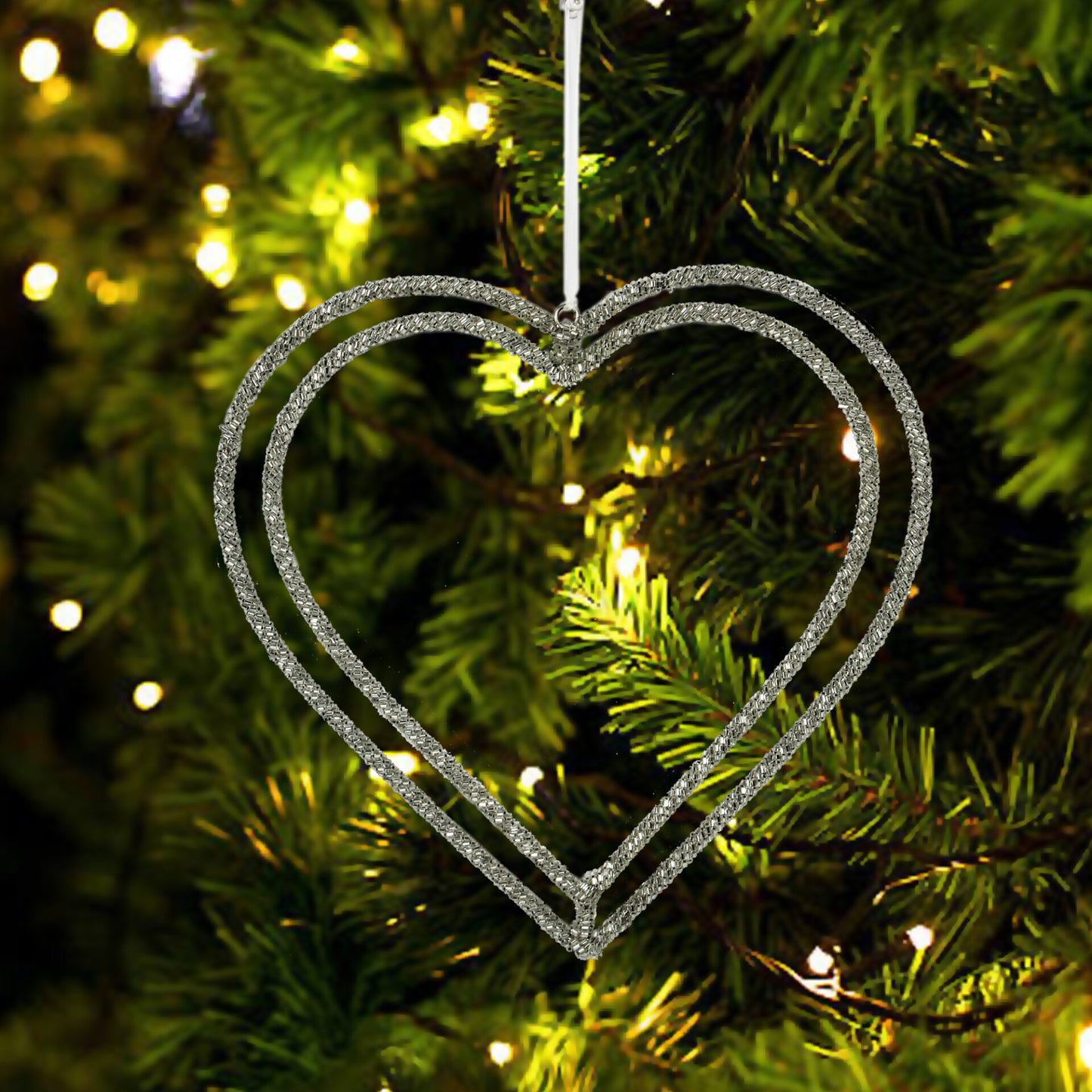 Silver Beaded Double Heart Shaped Christmas Hanging Ornament