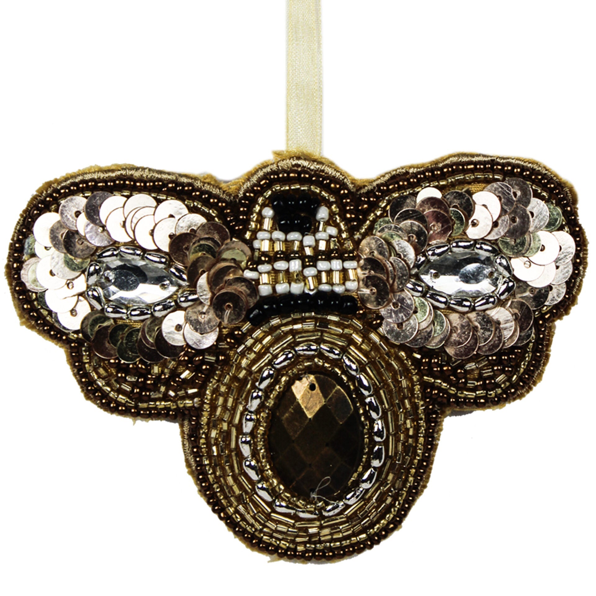 Set of 2 Beaded Bee Shaped Christmas Tree Hanging Ornaments