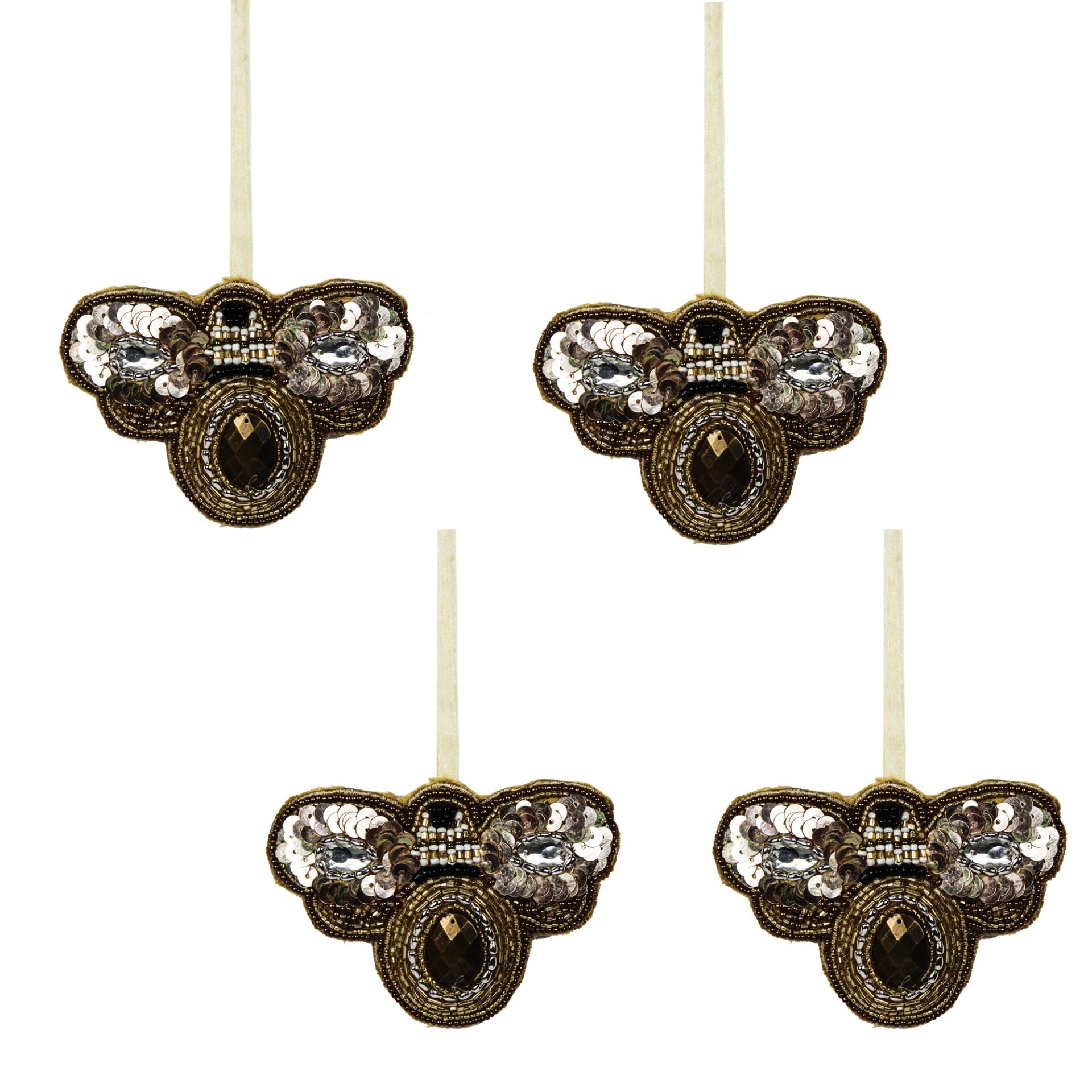 Set of 4 Beaded Bee Shaped Christmas Tree Hanging Ornaments