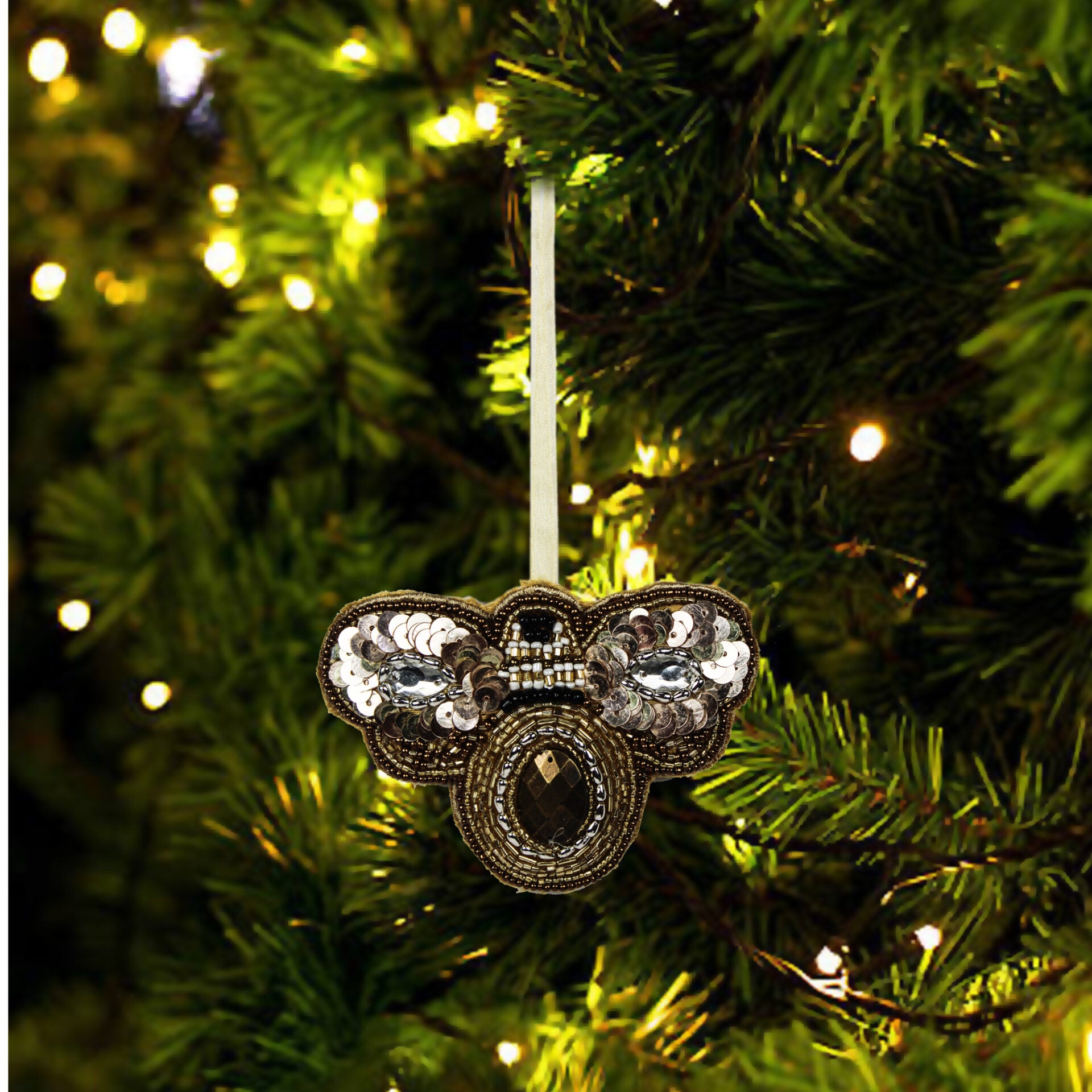 Set of 4 Beaded Bee Shaped Christmas Tree Hanging Ornaments