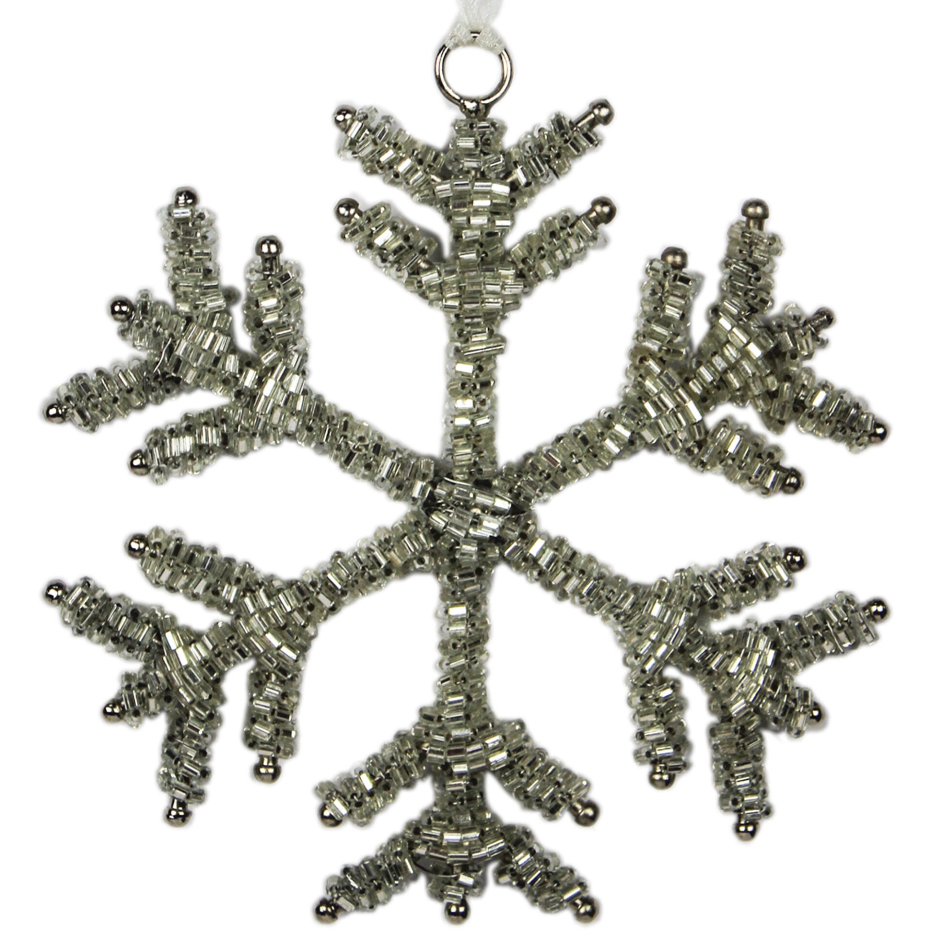 Set of 4 Silver Beaded Snowflake Shaped Christmas Ornaments