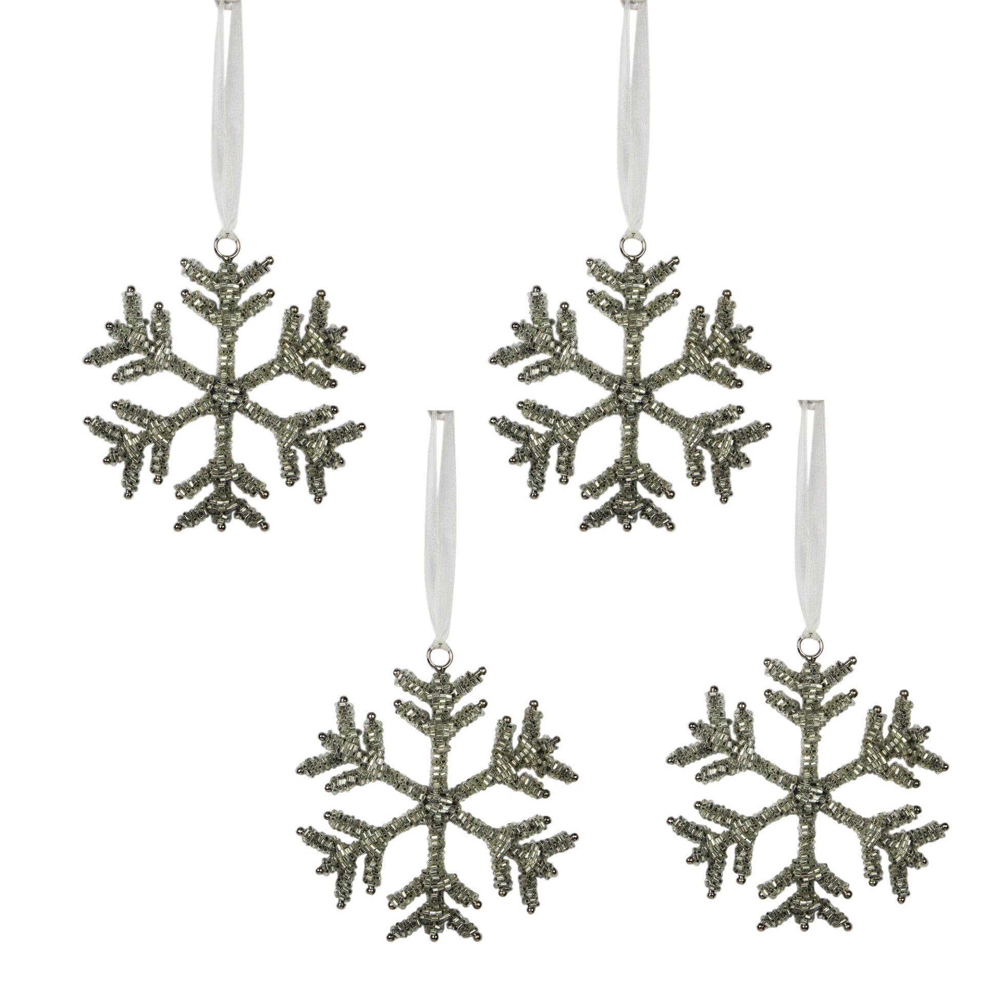 Set of 4 Silver Beaded Snowflake Shaped Christmas Ornaments