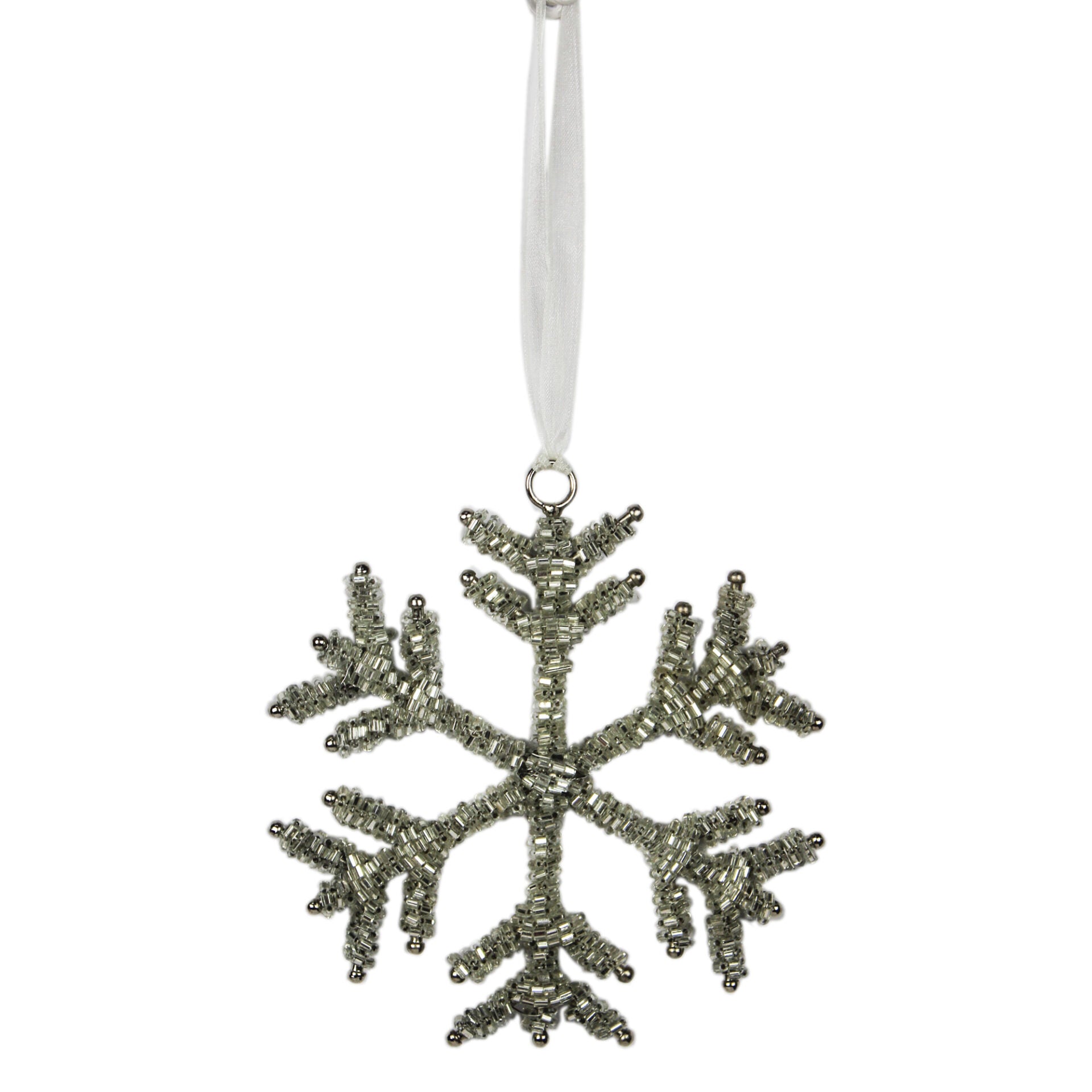 Set of 4 Silver Beaded Snowflake Shaped Christmas Ornaments