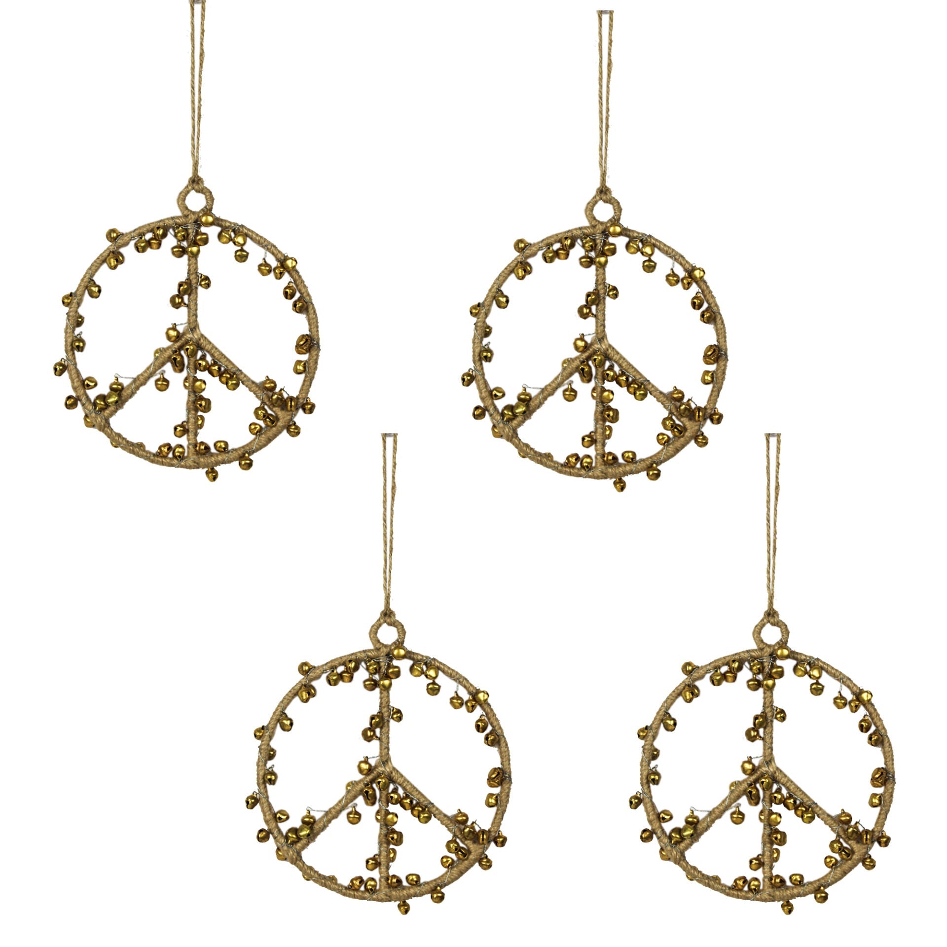 Set of 3 Goldenen "PEACE" Shaped with Christmas Bells Tree Ornaments