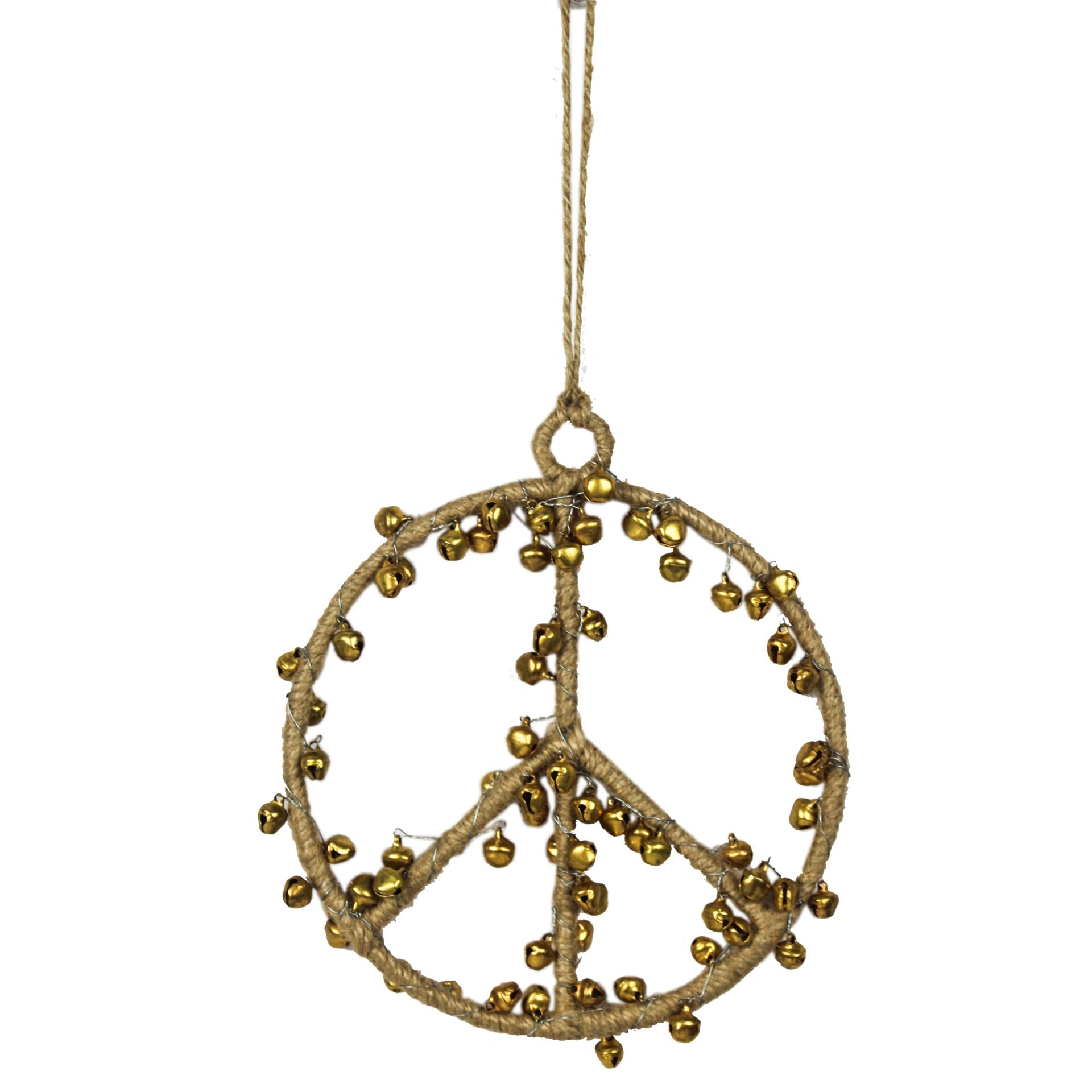 Set of 3 Goldenen "PEACE" Shaped with Christmas Bells Tree Ornaments