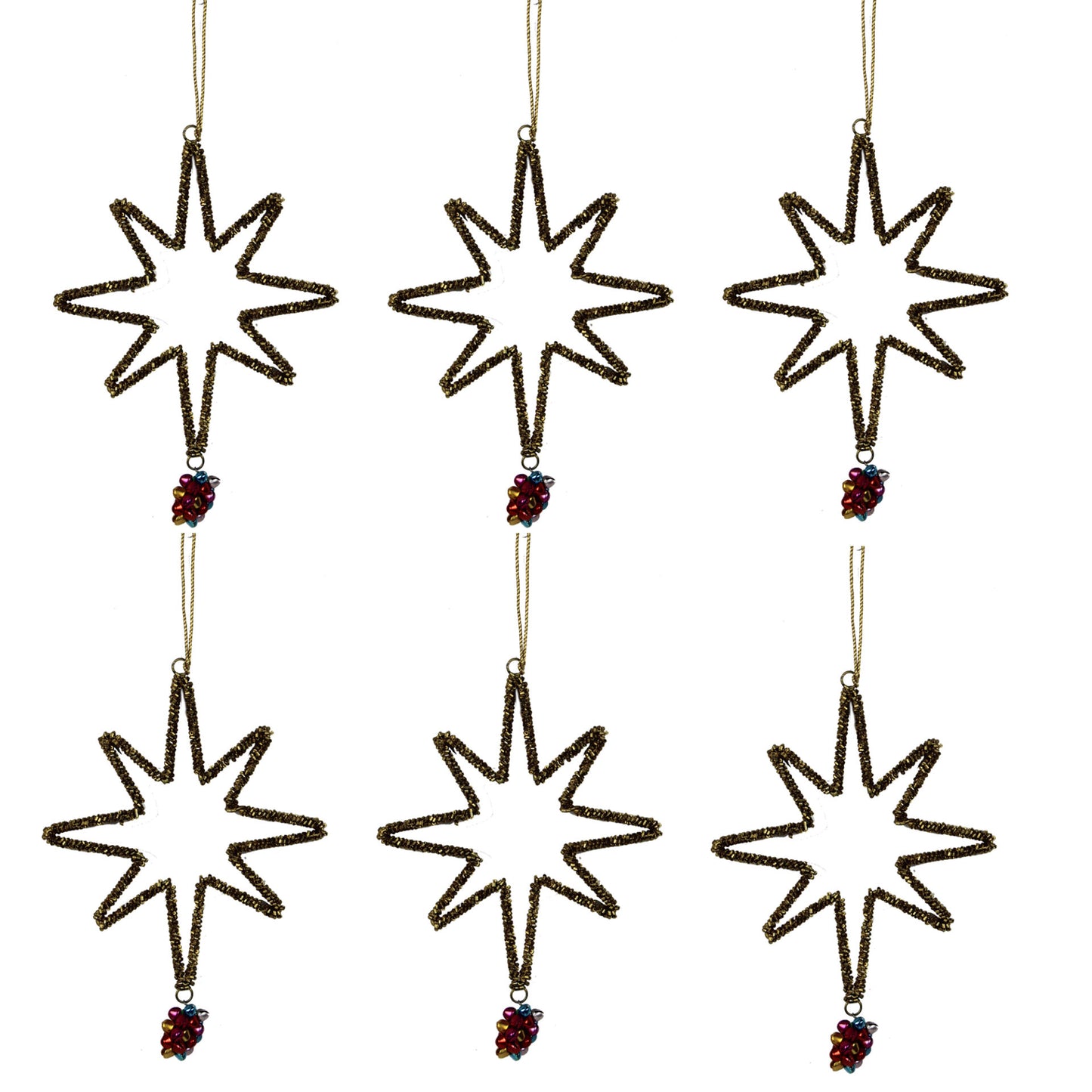 Set of 4 Beaded Star with Jingle Bells Christmas Ornaments