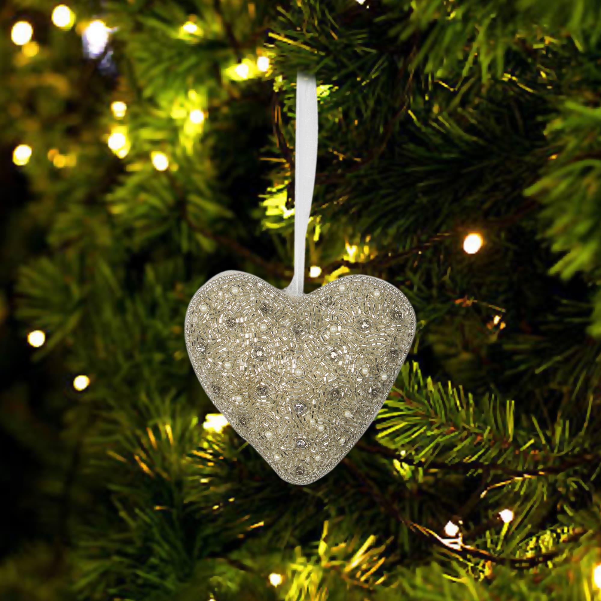 Set of 2 Beaded "HEART" Shaped Hanging Ornaments Christmas Tree Decoration