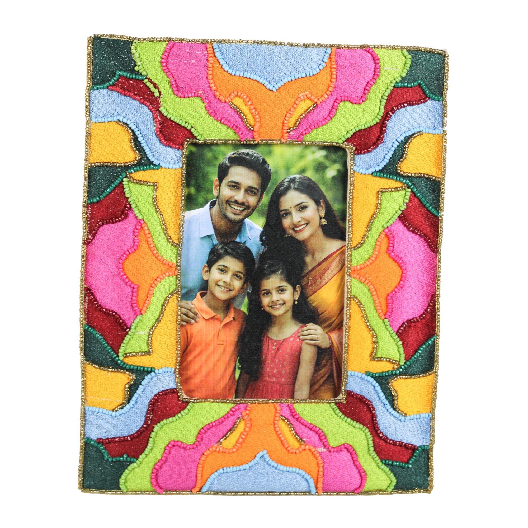 Artisan Hand-Beaded Multi-Color Floral Motif Photo Frame