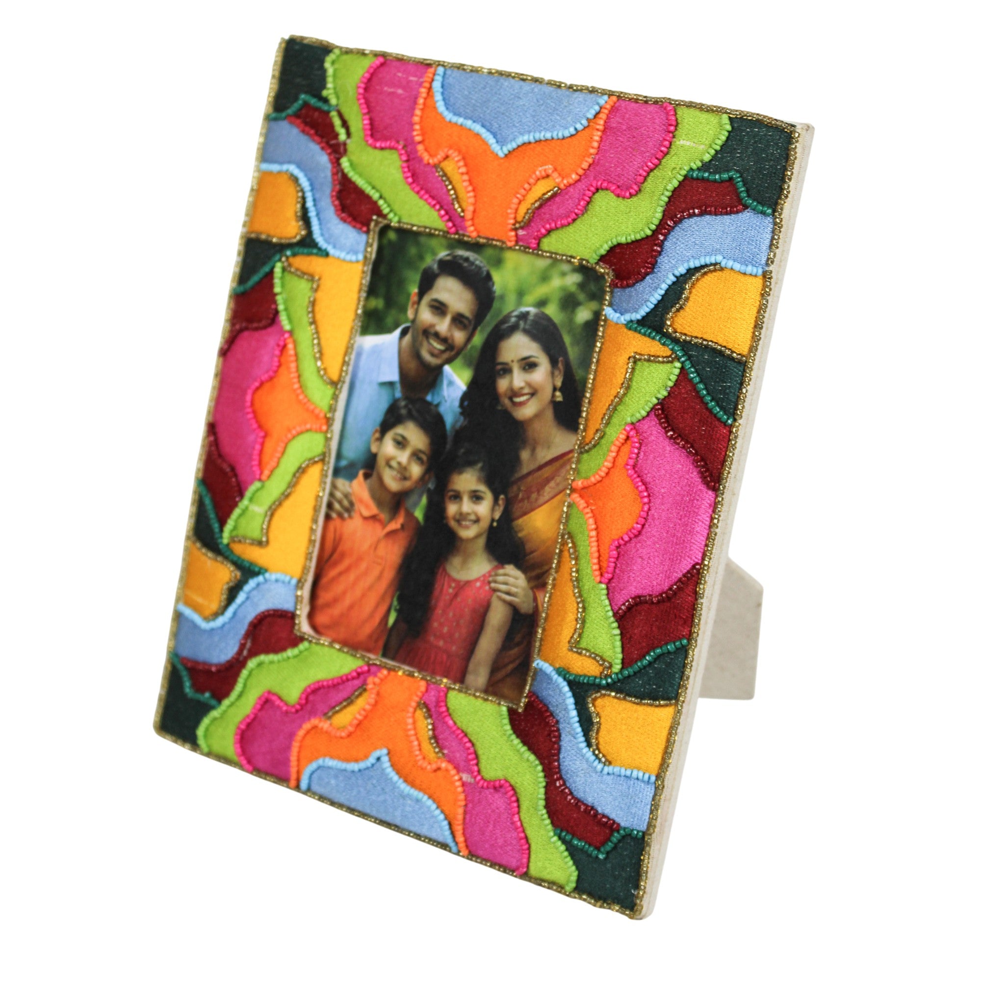 Artisan Hand-Beaded Multi-Color Floral Motif Photo Frame