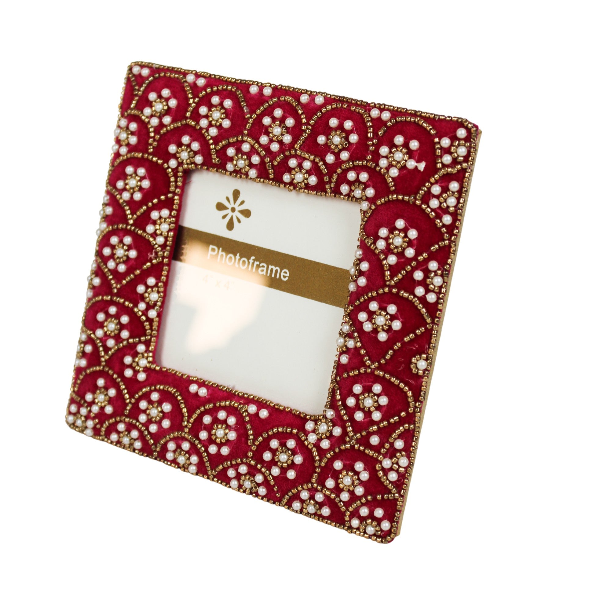 Royal Crimson Velvet & Pearl Hand-Embellished Photo Frame