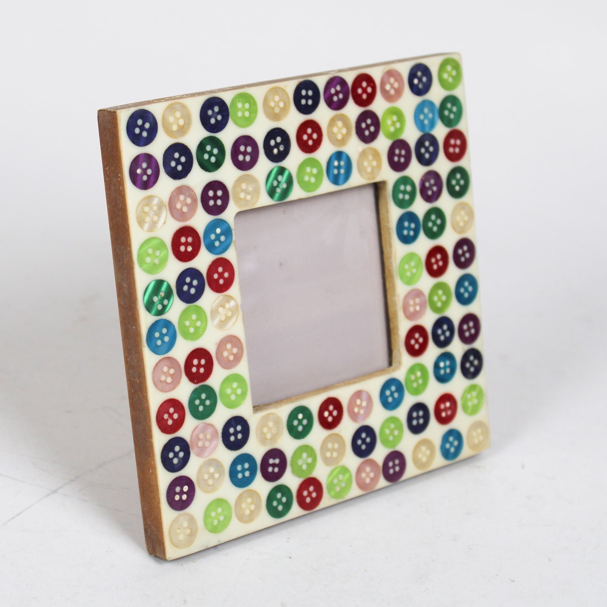 Whimsical Multicolored Button Inlay Wooden Photo Frame