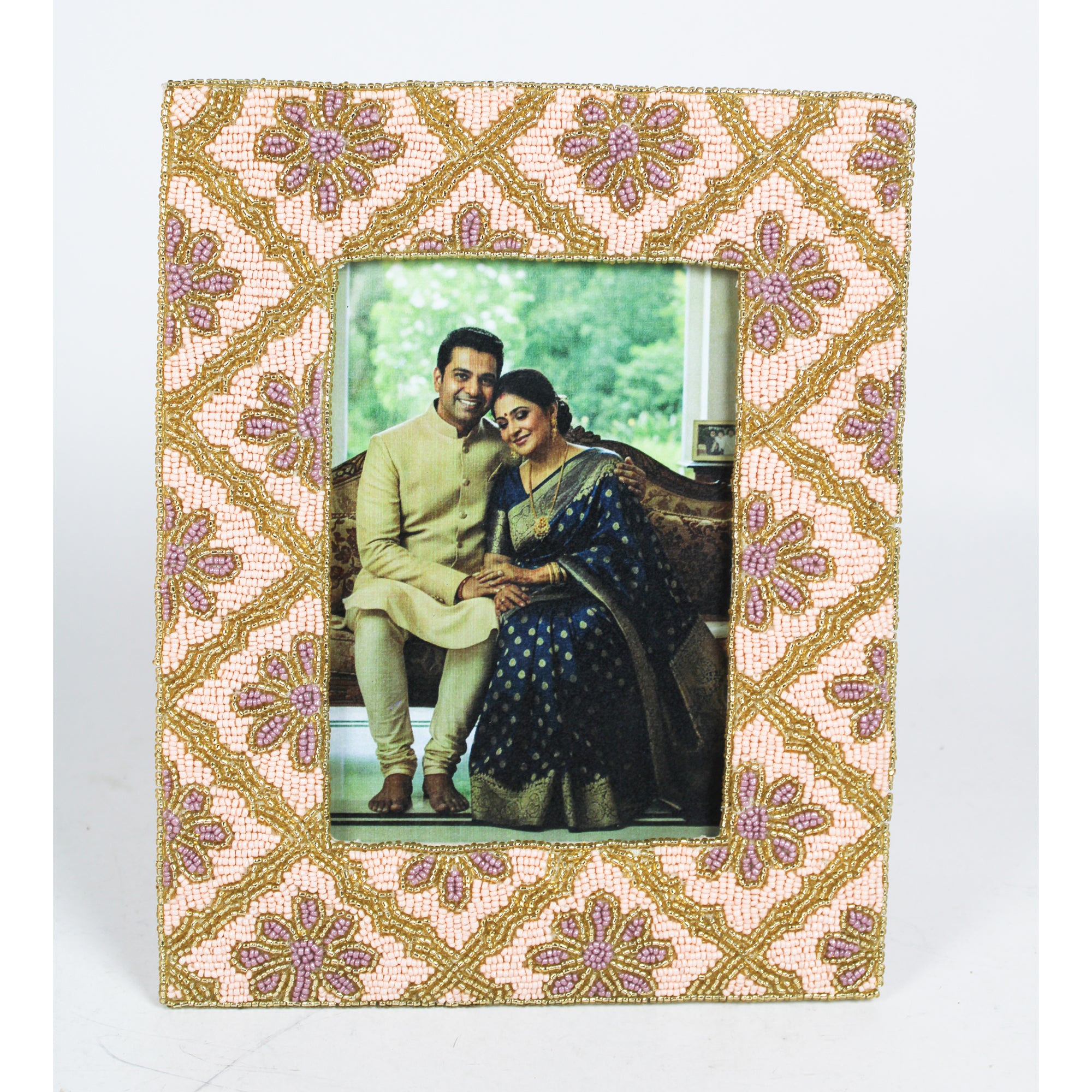  Handcrafted Blush & Gold Floral Beaded Photo Frame 