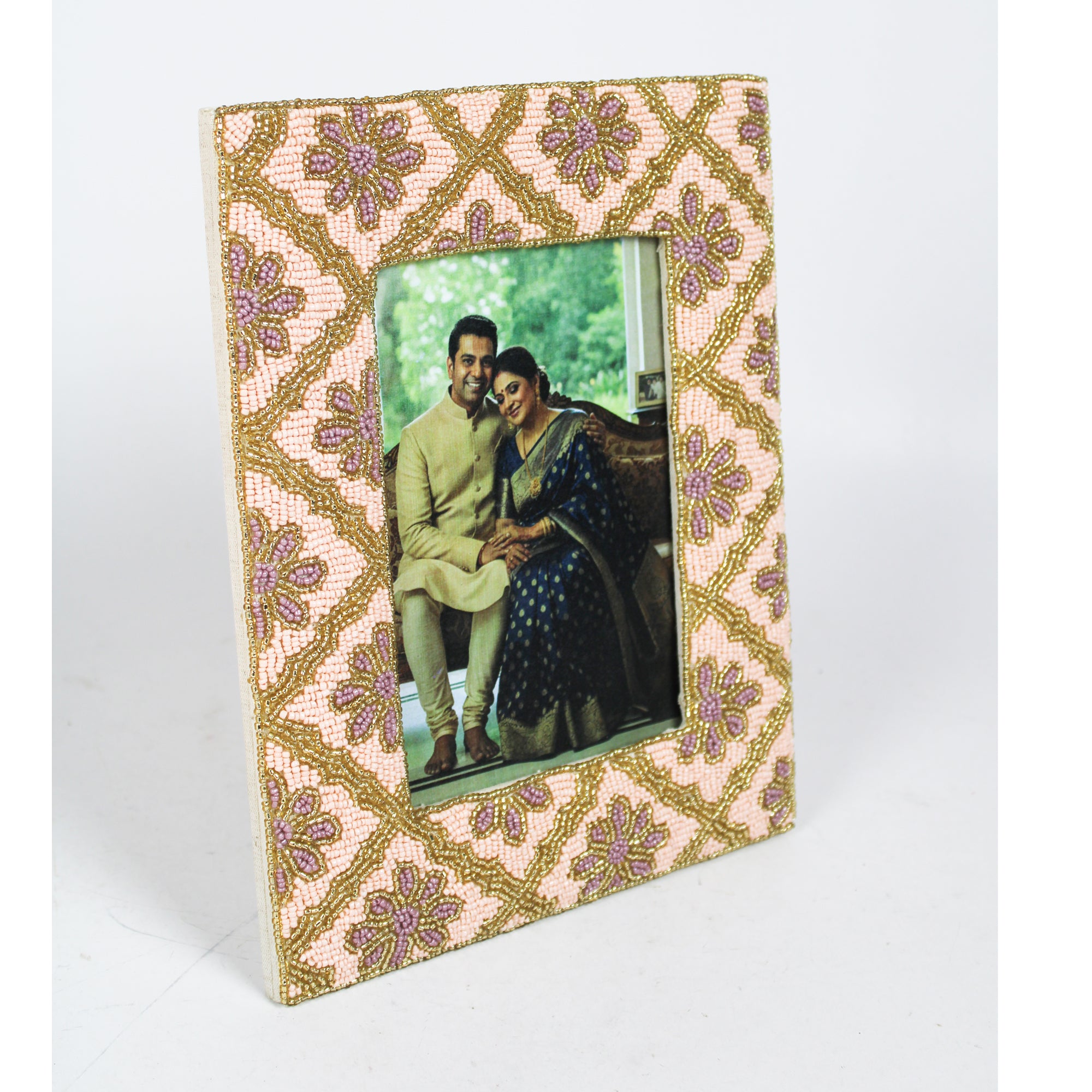 Handcrafted Blush & Gold Floral Beaded Photo Frame