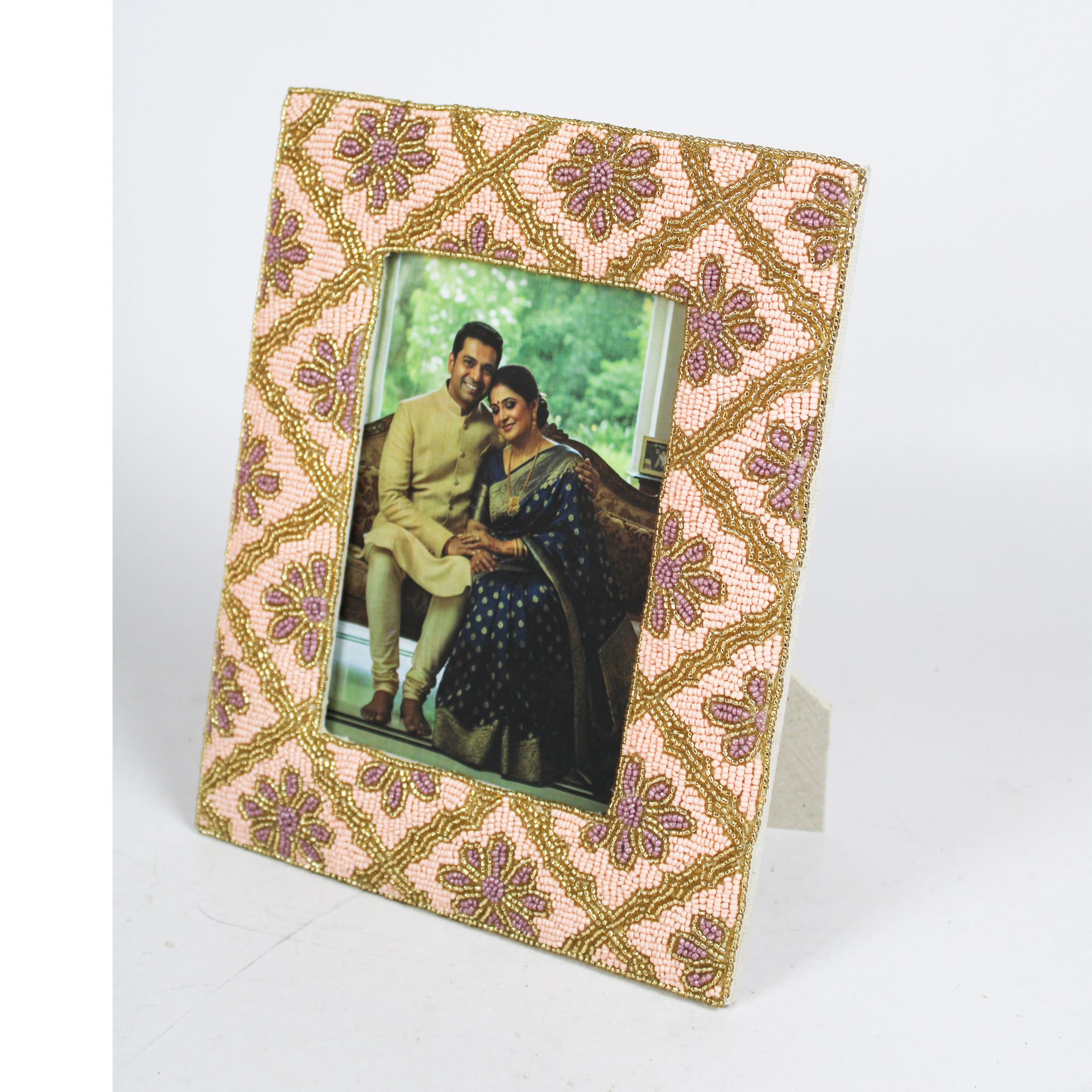 Handcrafted Blush & Gold Floral Beaded Photo Frame