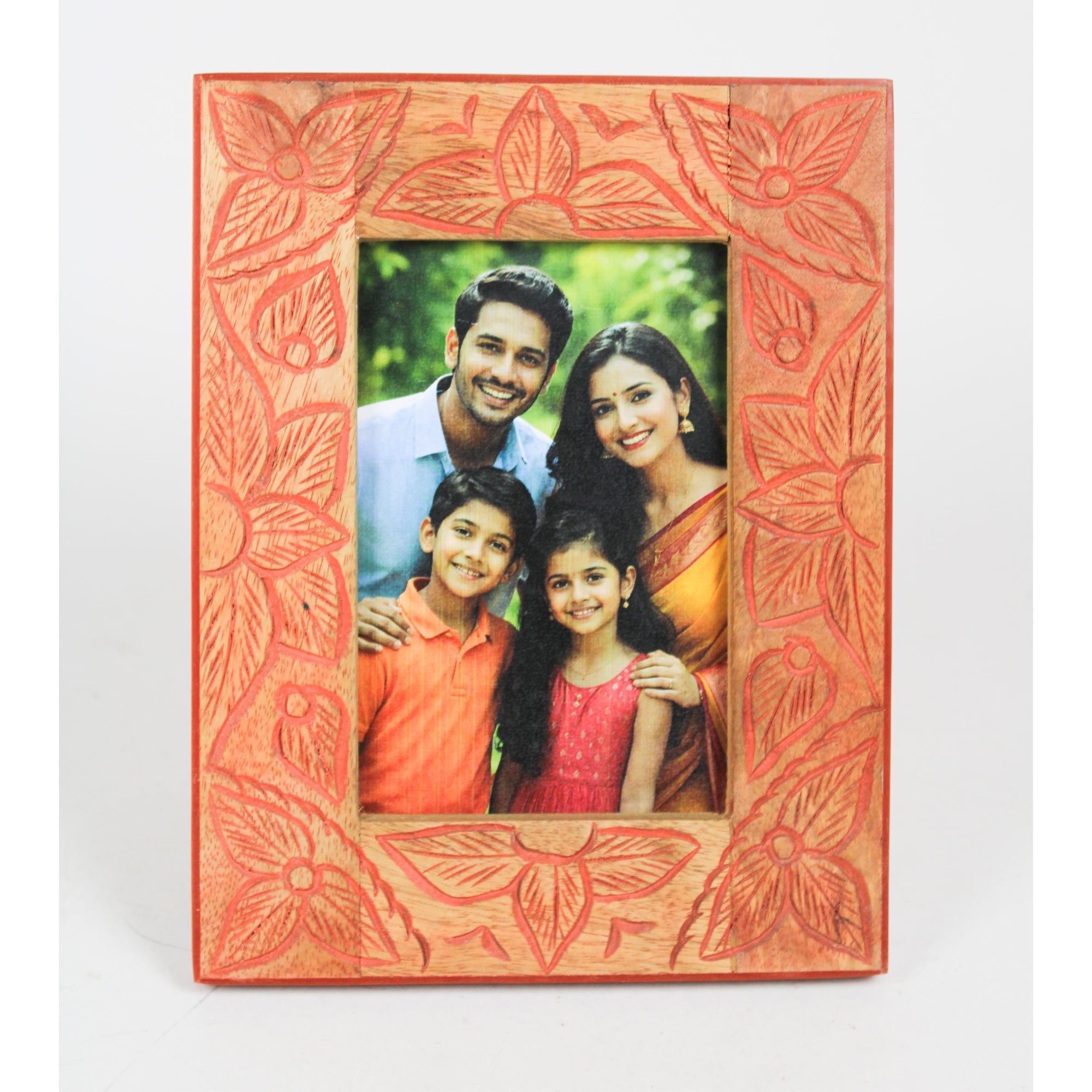 Handcrafted Floral Carved Wood & Resin Photo Frame