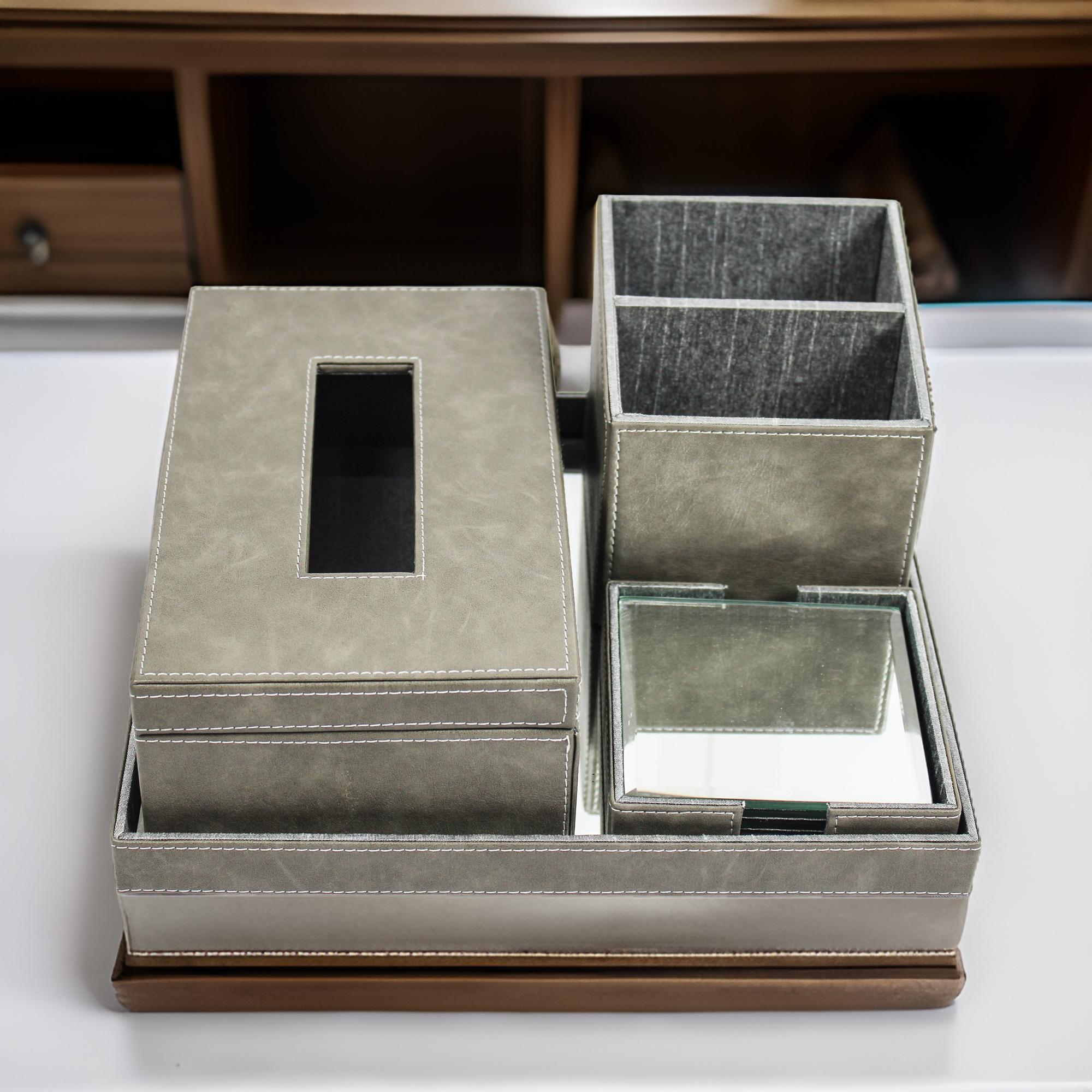  Elegant Faux Leather Desk Organizer Set with Tissue Box, Coaster set and Utility Tray 