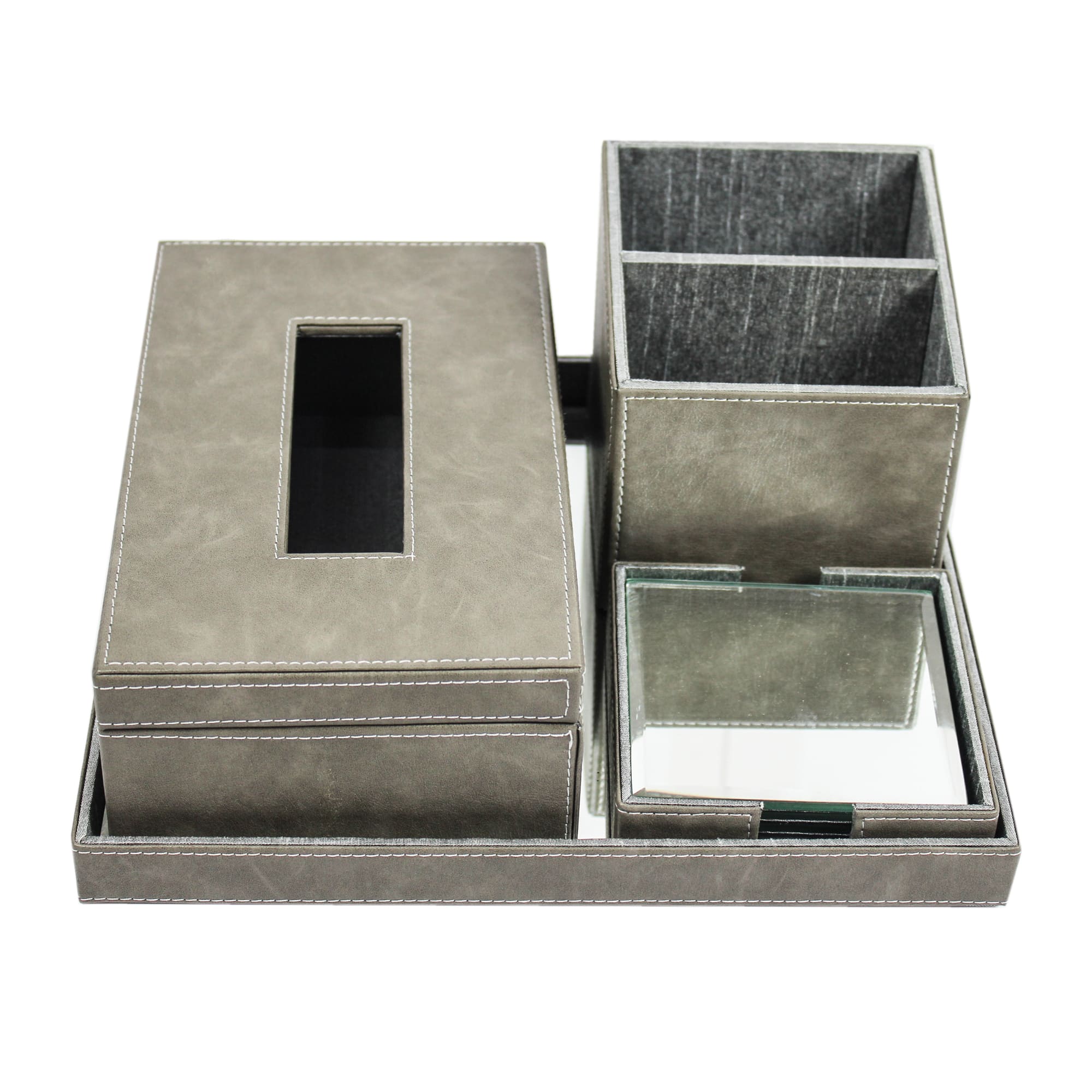 Elegant Faux Leather Desk Organizer Set with Tissue Box, Coaster set and Utility Tray