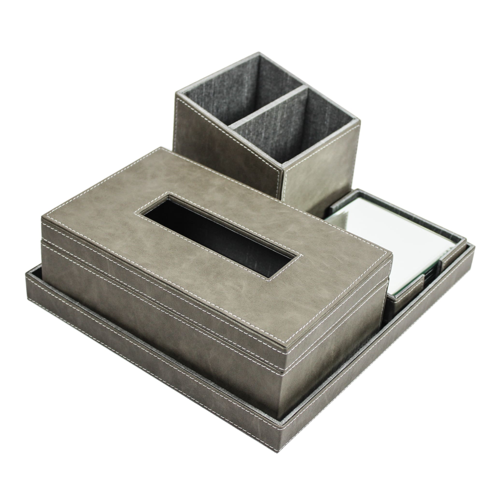 Elegant Faux Leather Desk Organizer Set with Tissue Box, Coaster set and Utility Tray