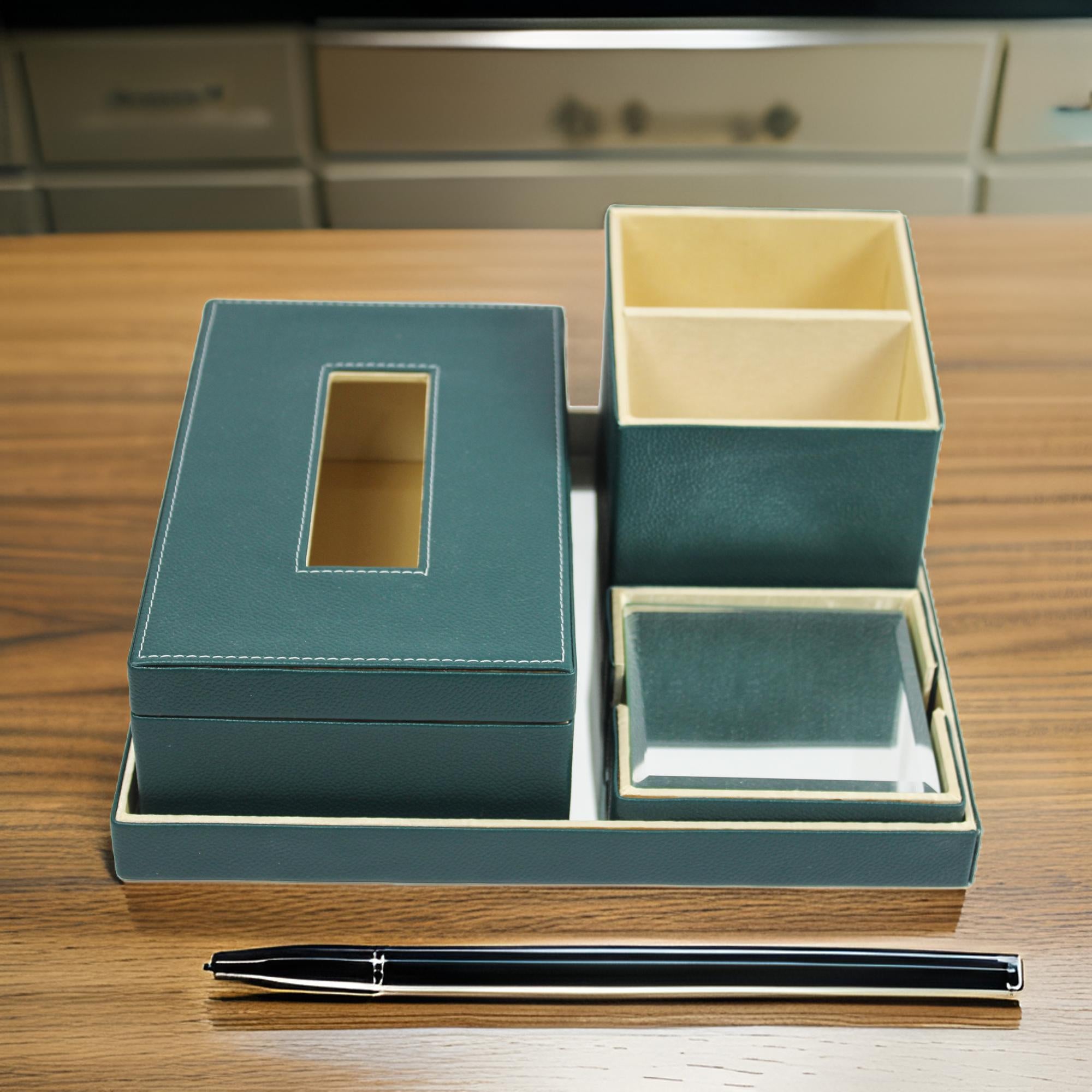  Elegant Green Faux Leather Desk Organizer Set with Tissue Box, Coaster set and Utility Tray 