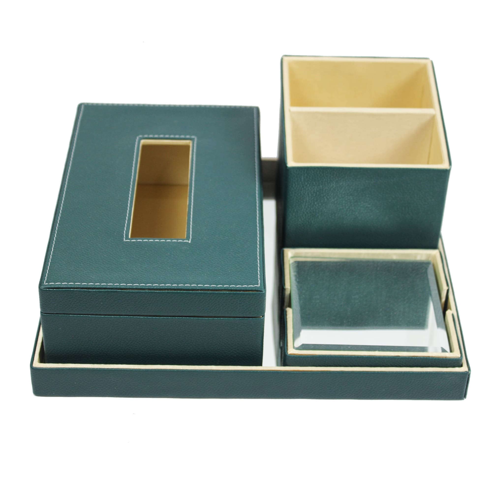 Elegant Green Faux Leather Desk Organizer Set with Tissue Box, Coaster set and Utility Tray