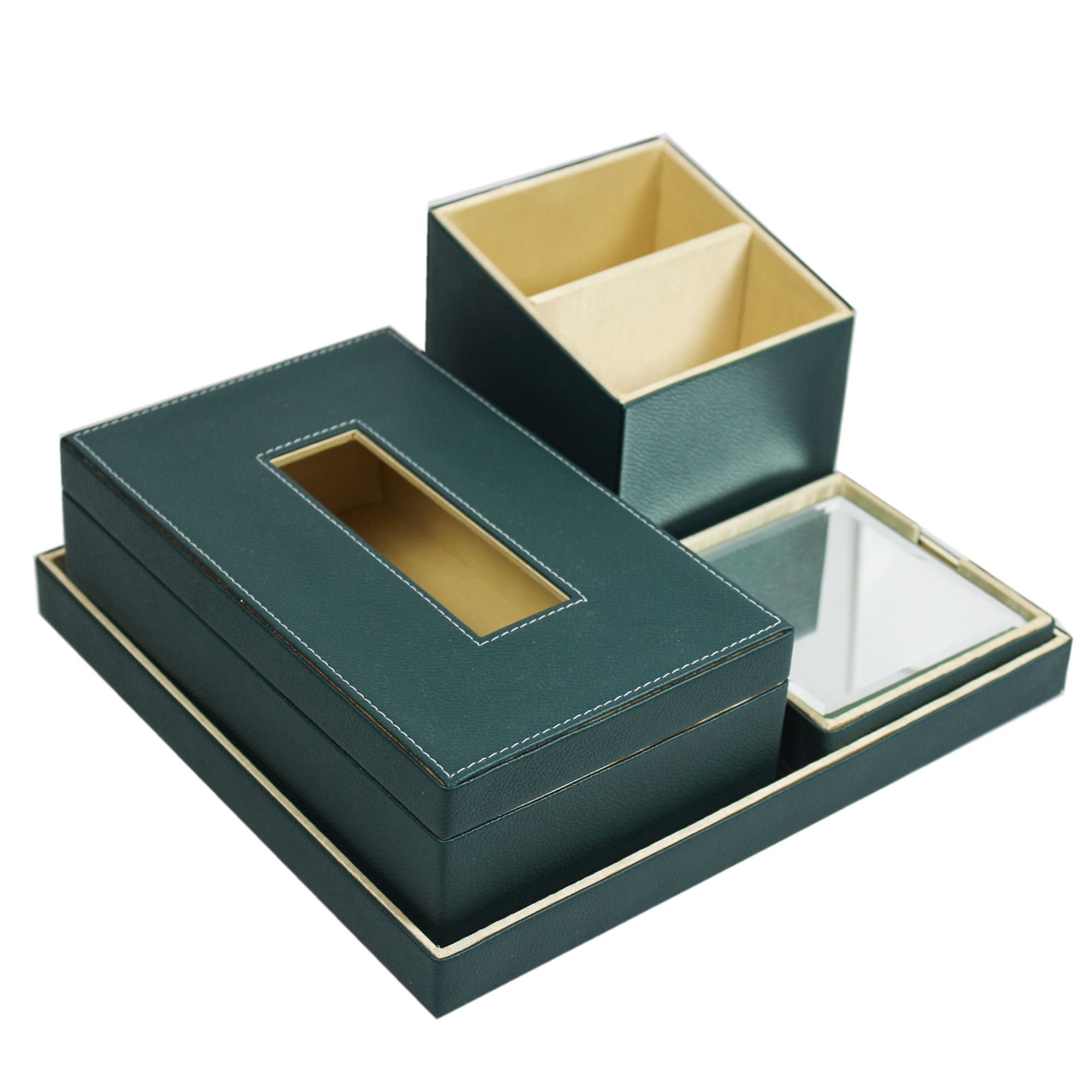 Elegant Green Faux Leather Desk Organizer Set with Tissue Box, Coaster set and Utility Tray