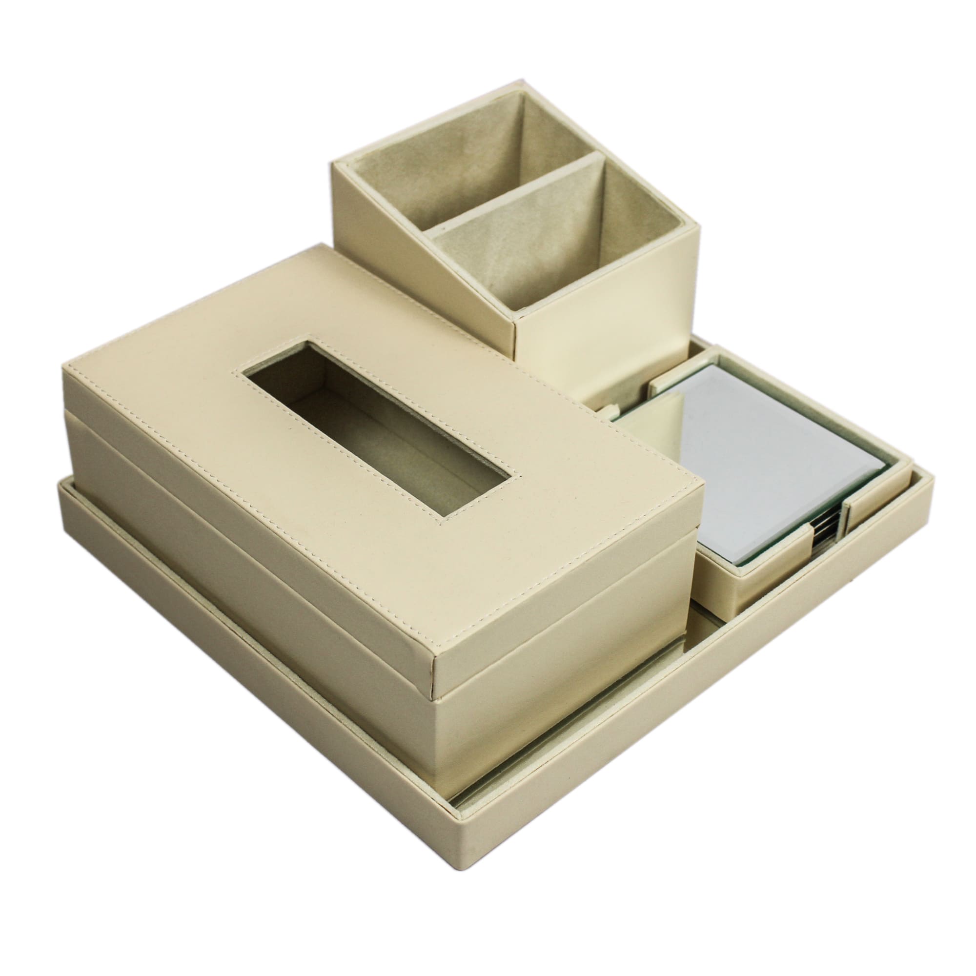 Elegant Ivory Faux Leather Desk Organizer Set with Tissue Box, Coaster set and Utility Tray