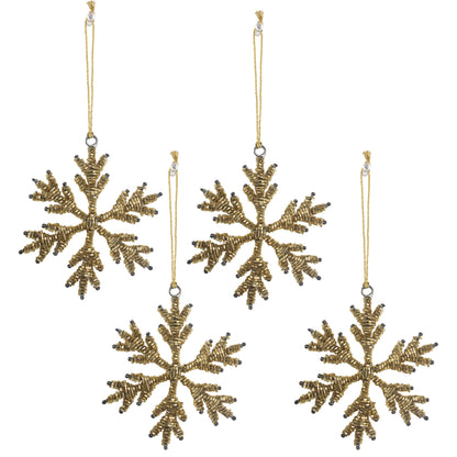 Set of 4 Golden Beaded Snowflake Christmas Tree Decoration