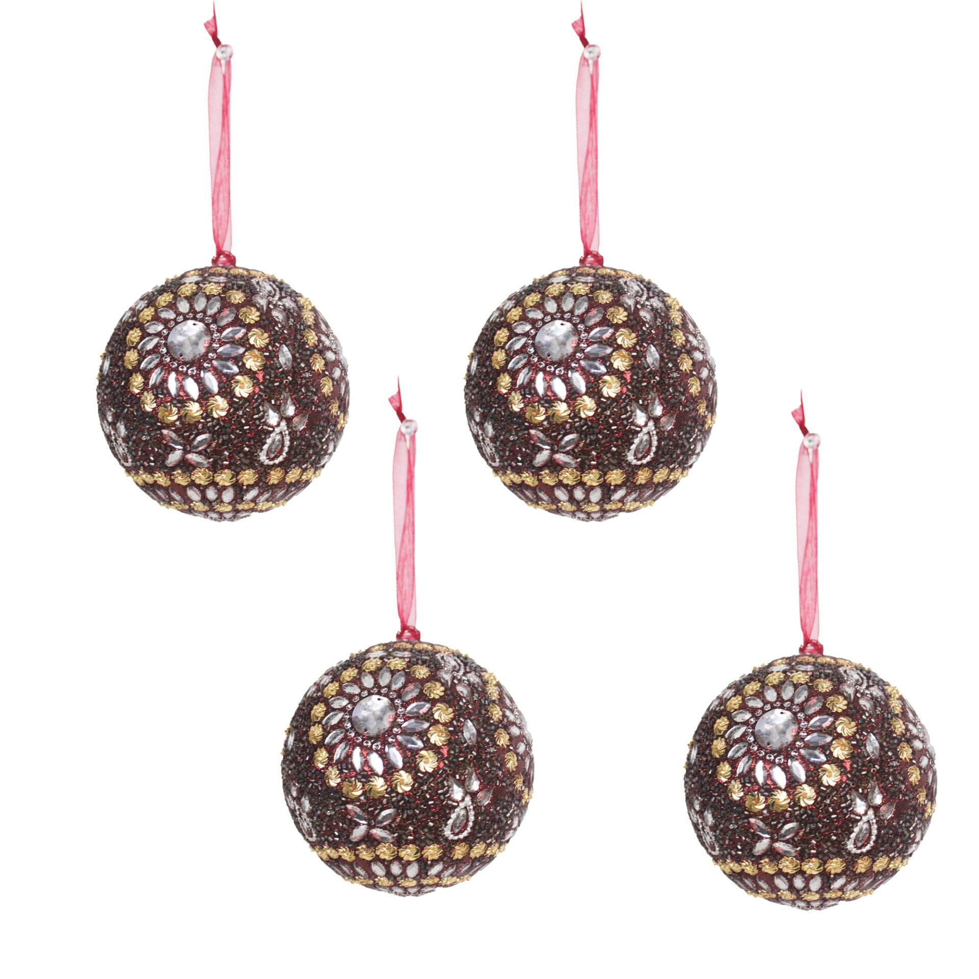 Set of 4 Beaded / Jewelled Christmas Tree Hanging Balls