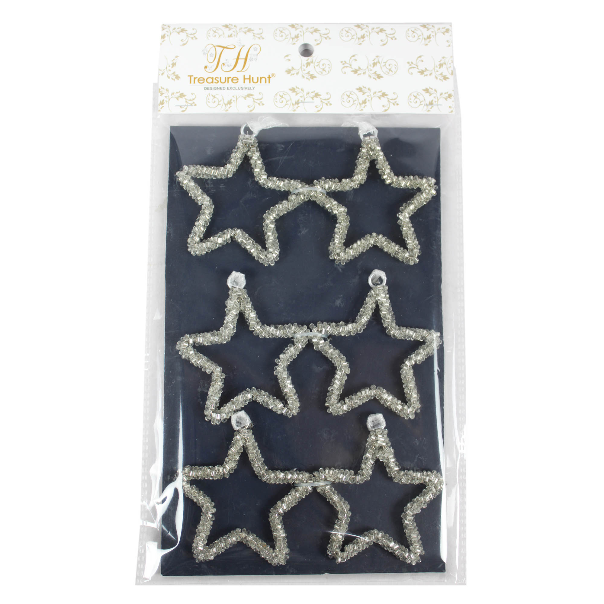 Set of 6 Silver Beaded Star Shaped Christmas Hanging Ornaments