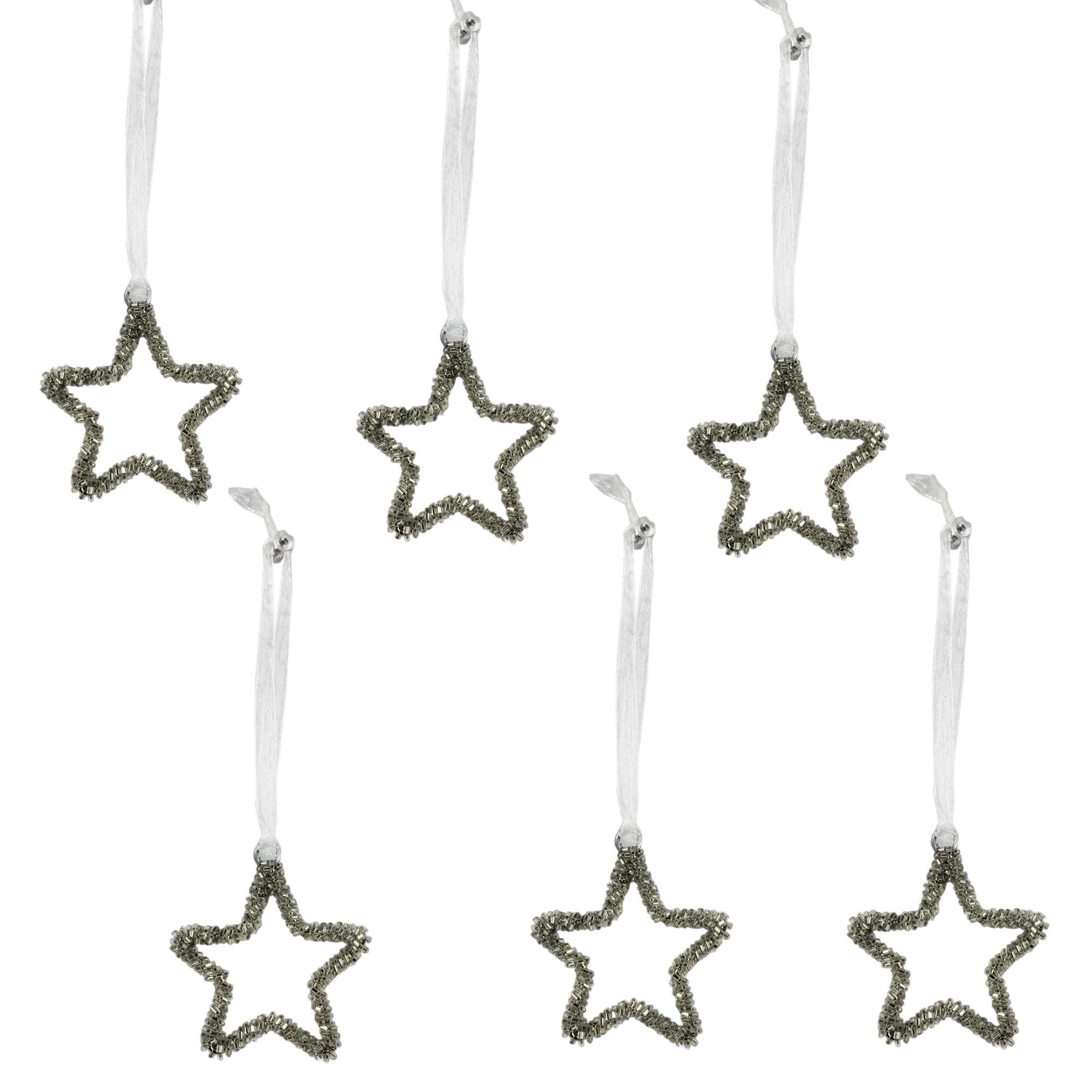 Set of 6 Silver Beaded Star Shaped Christmas Hanging Ornaments
