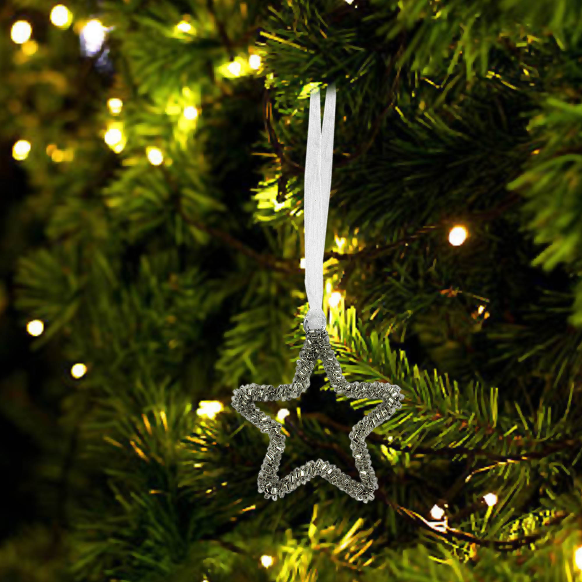  Set of 6 Silver Color Beaded Star Shaped Christmas Hanging Ornaments 