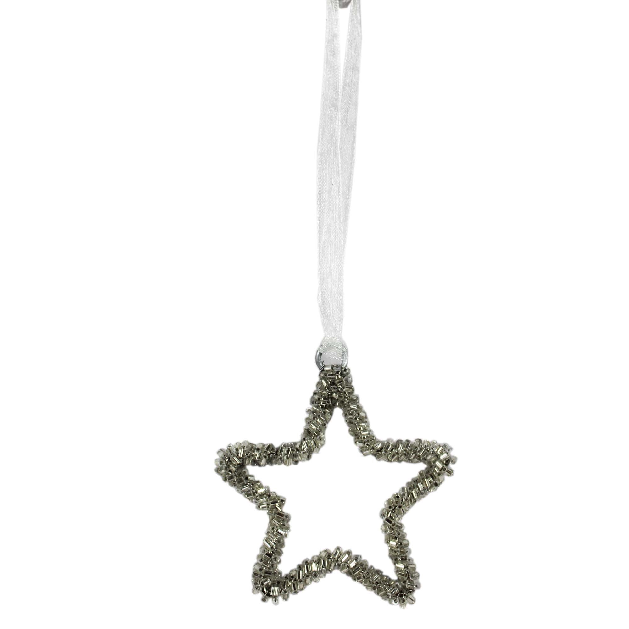  Set of 6 Silver Color Beaded Star Shaped Christmas Hanging Ornaments 