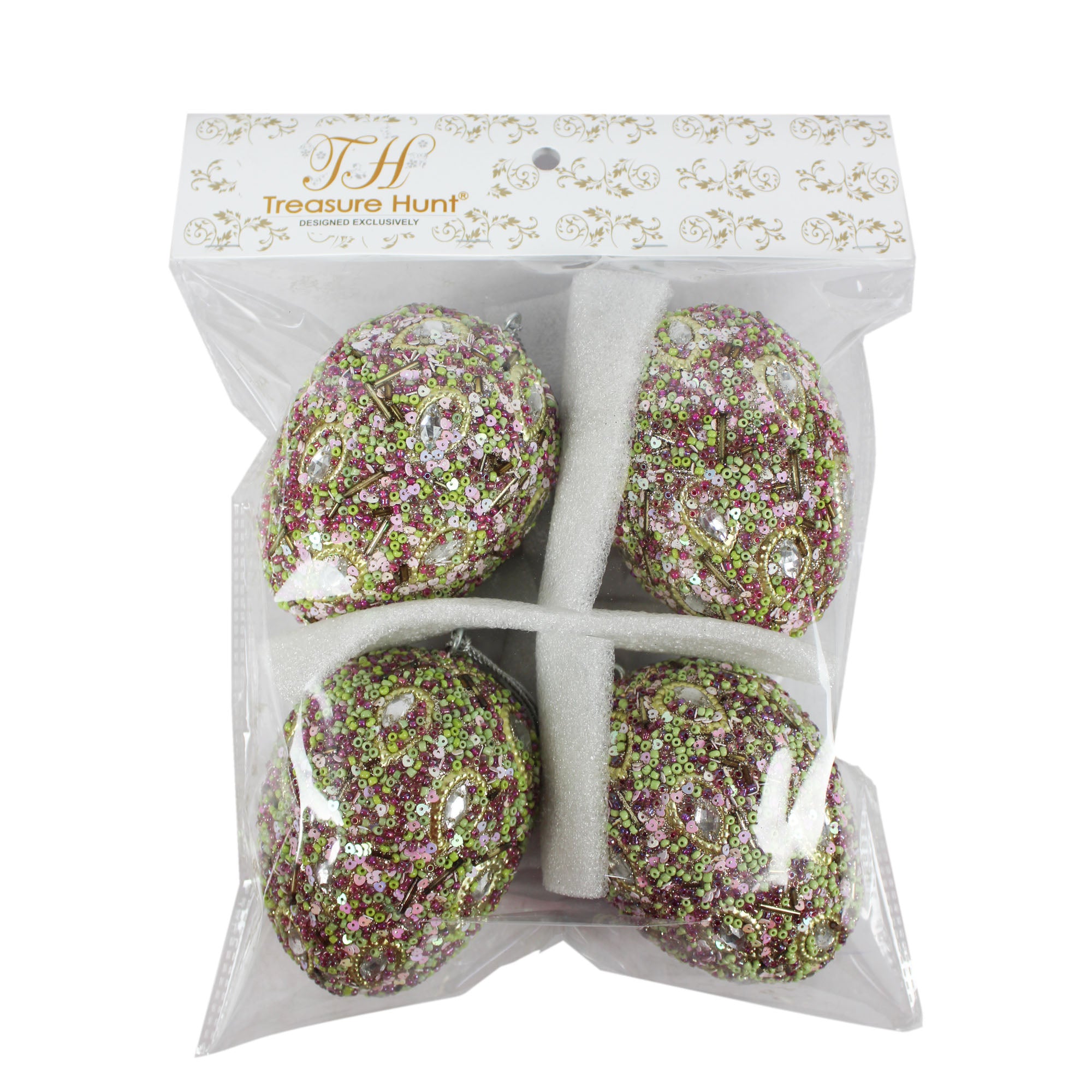 Set of 4 Beaded Oval Christmas Tree Balls Ornaments