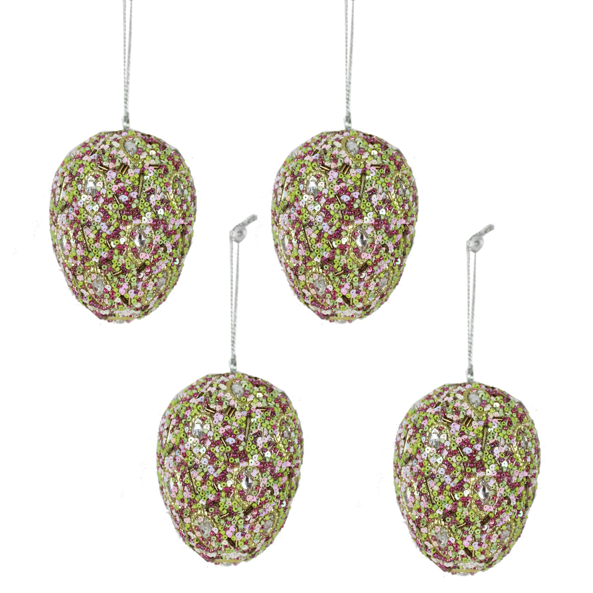 Set of 4 Beaded Oval Christmas Tree Balls Ornaments