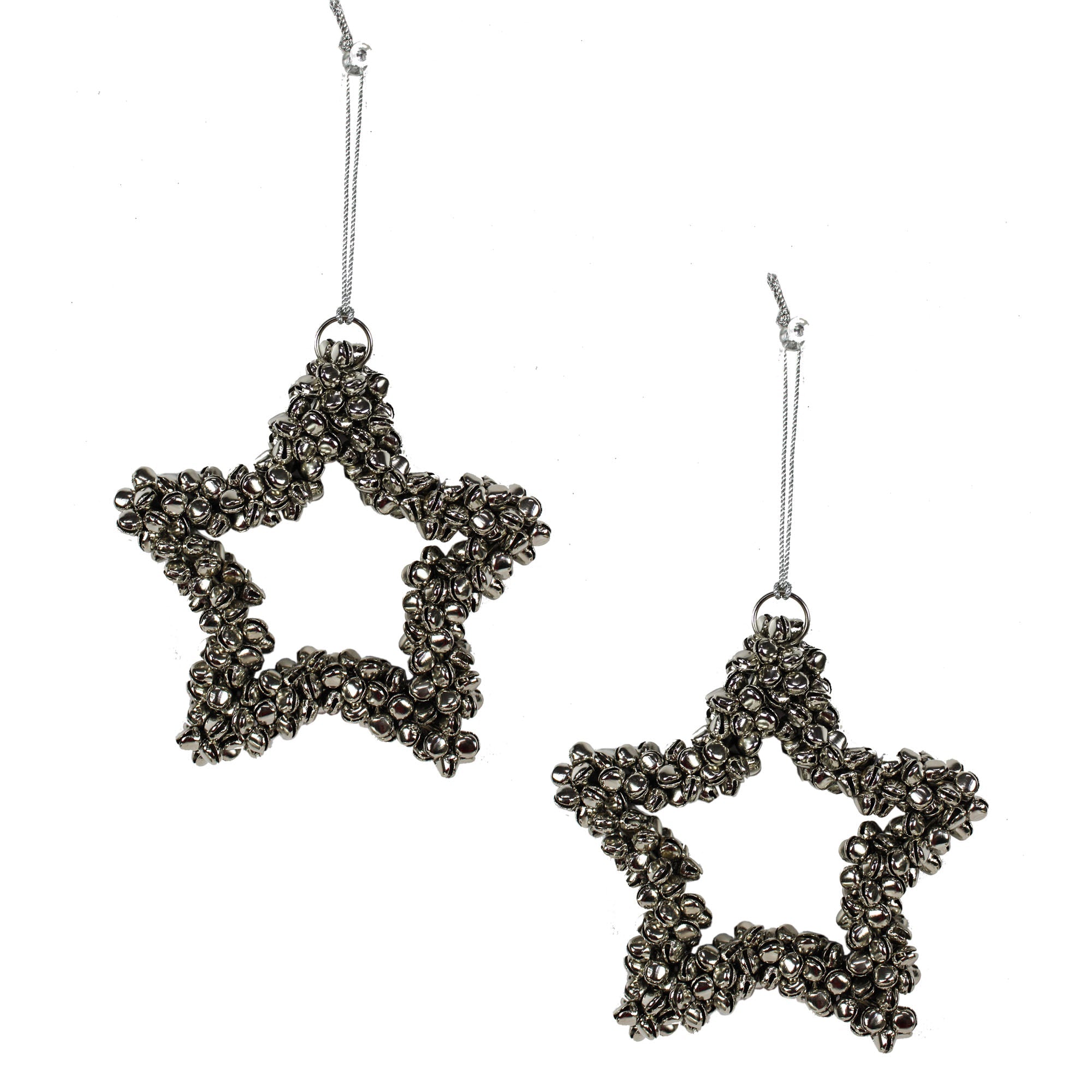  Set of 2 Silver Color Bells Star Shaped Hanging Christmas Ornaments 