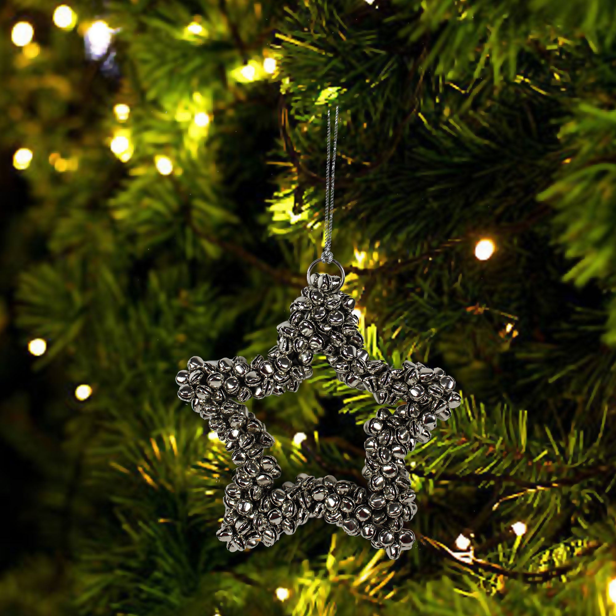  Set of 2 Silver Color Bells Star Shaped Hanging Christmas Ornaments 