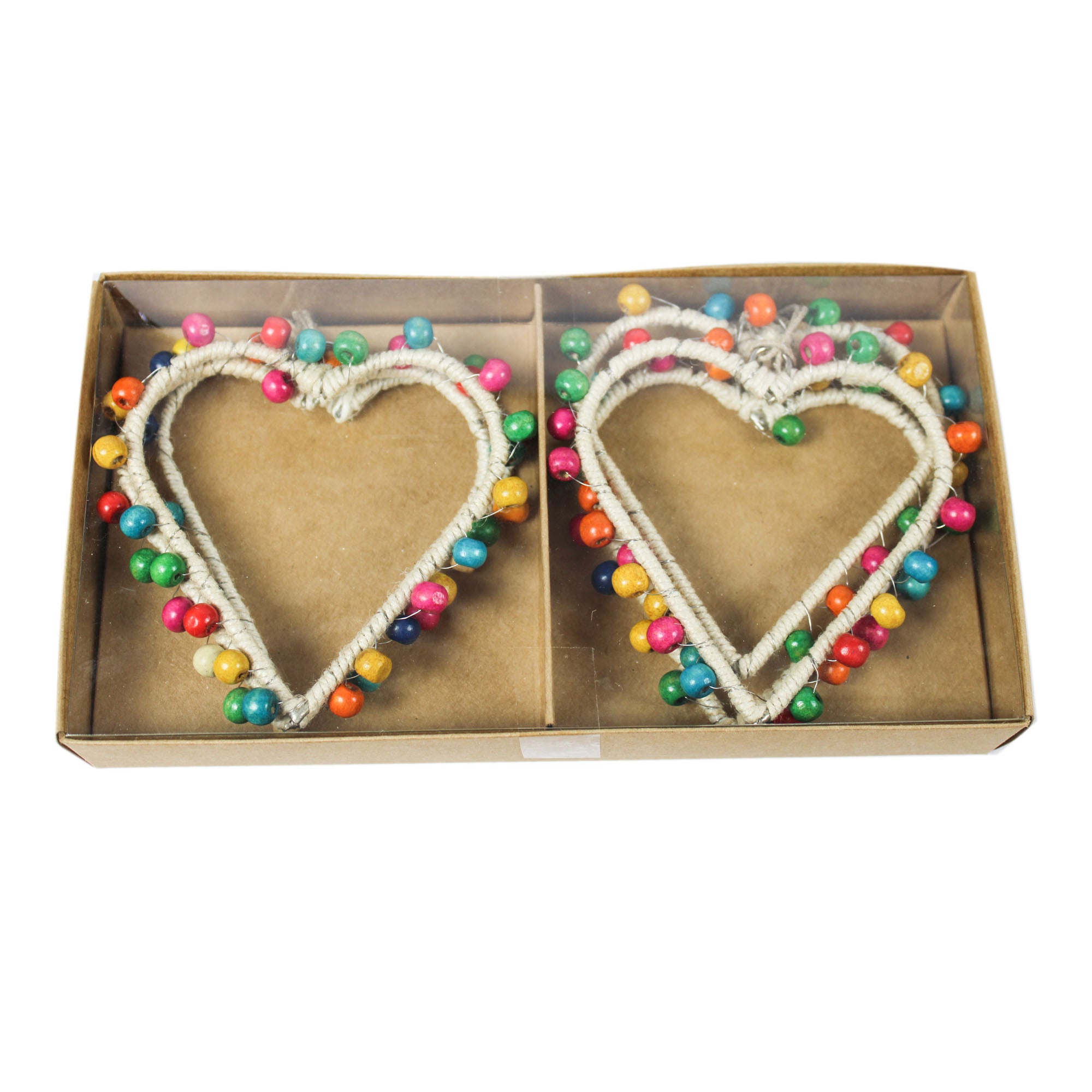 Set of 6 Multicolor Beaded "HEART" with Jingle Bells Christmas Tree Ornaments