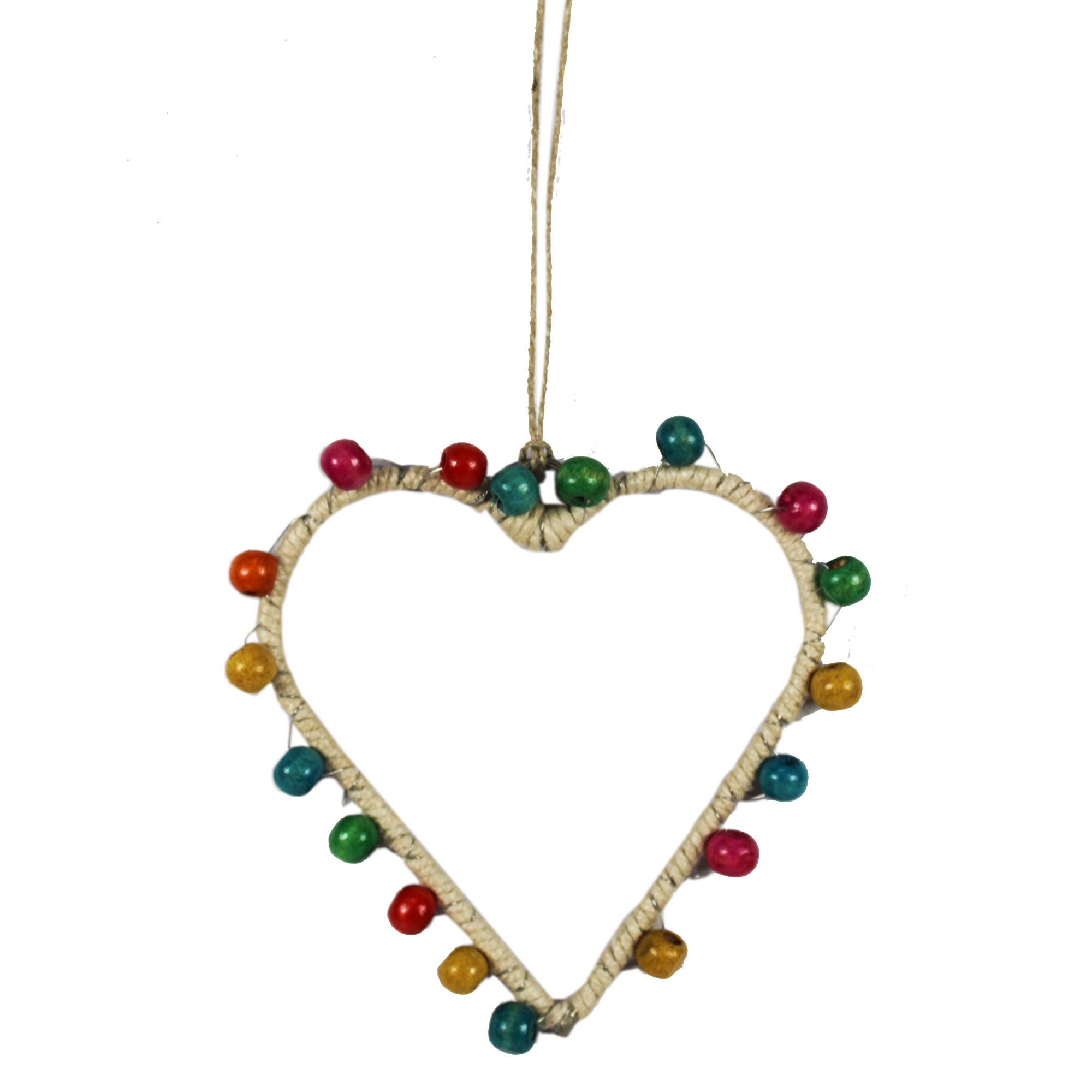 Set of 6 Multicolor Beaded "HEART" with Jingle Bells Christmas Tree Ornaments