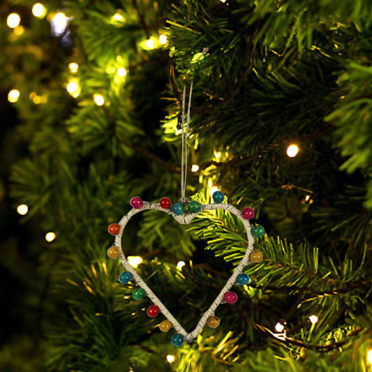 Set of 6 Multicolor Beaded "HEART" with Jingle Bells Christmas Tree Ornaments