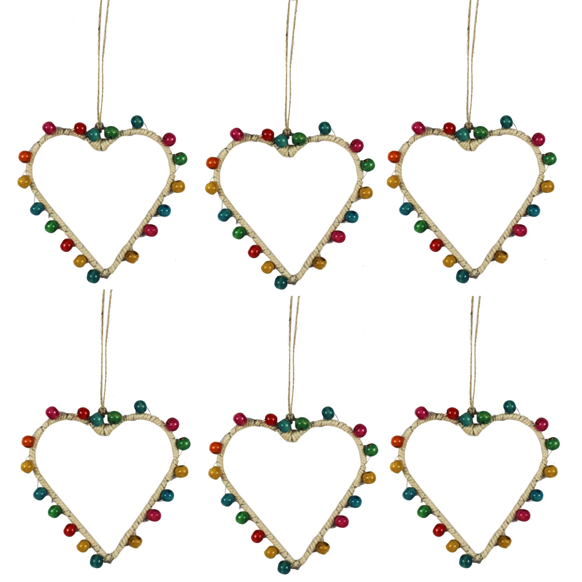 Set of 6 Multicolor Beaded "HEART" with Jingle Bells Christmas Tree Ornaments