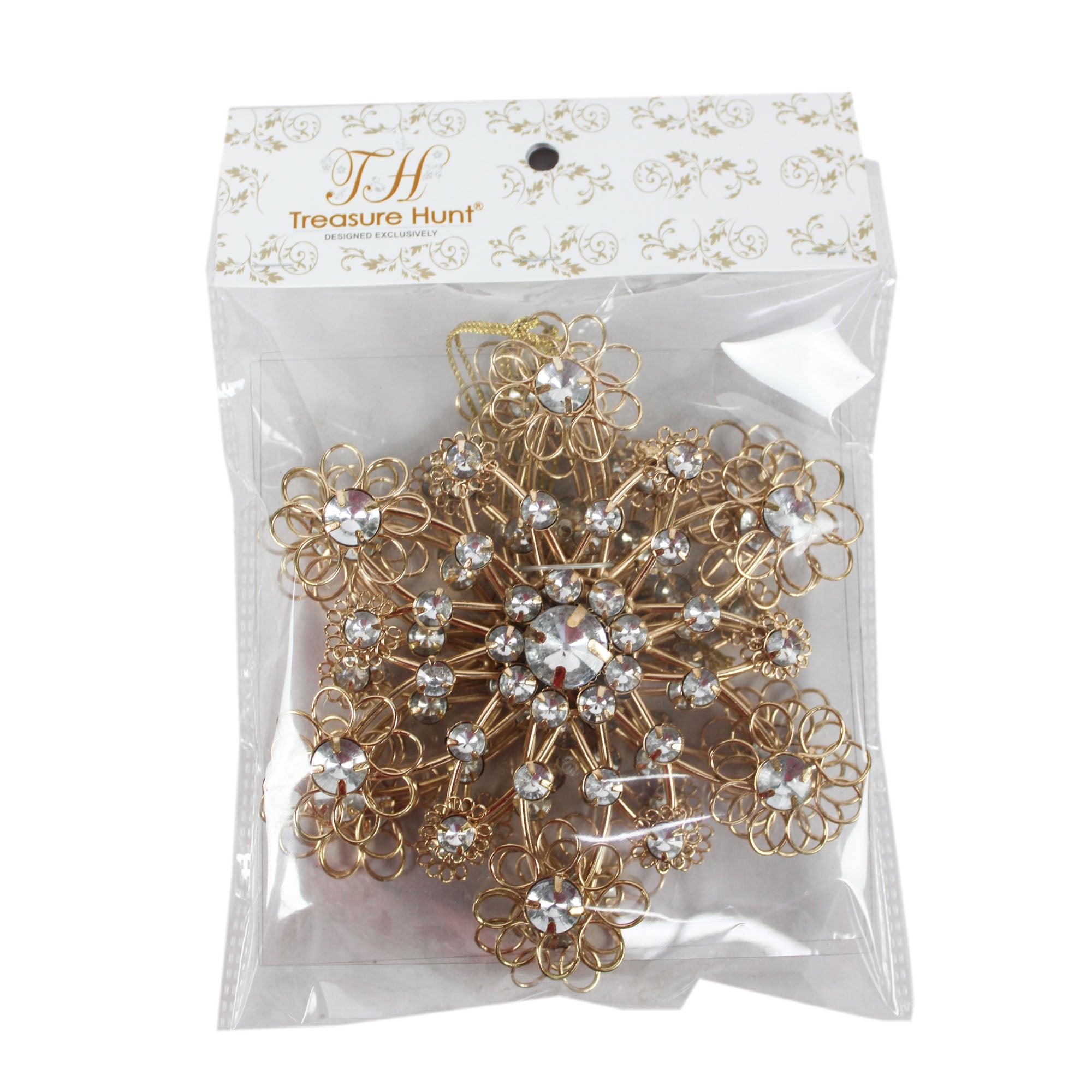 Set of 3 Rose Golden Jewelled Snowflake Shaped Christmas Tree Ornaments
