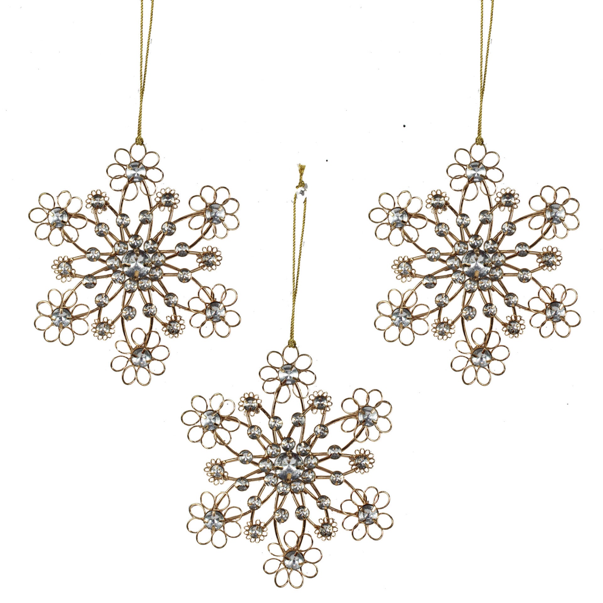 Set of 3 Rose Gold Jewelled Snowflake Shaped Christmas Tree Ornaments