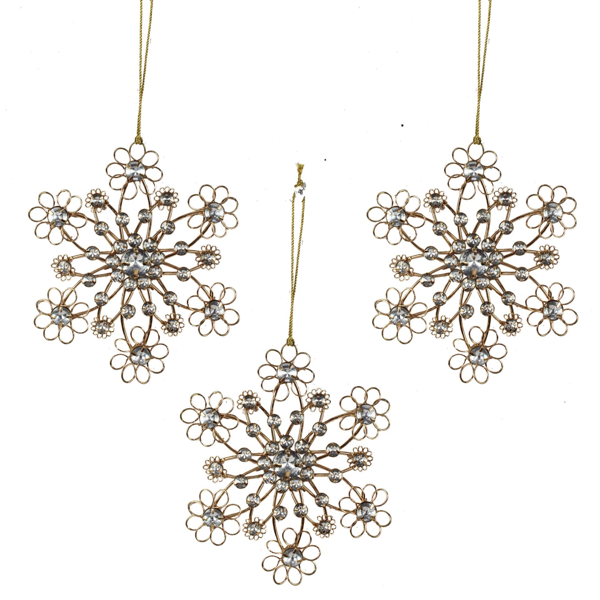 Set of 3 Rose Golden Jewelled Snowflake Shaped Christmas Tree Ornaments