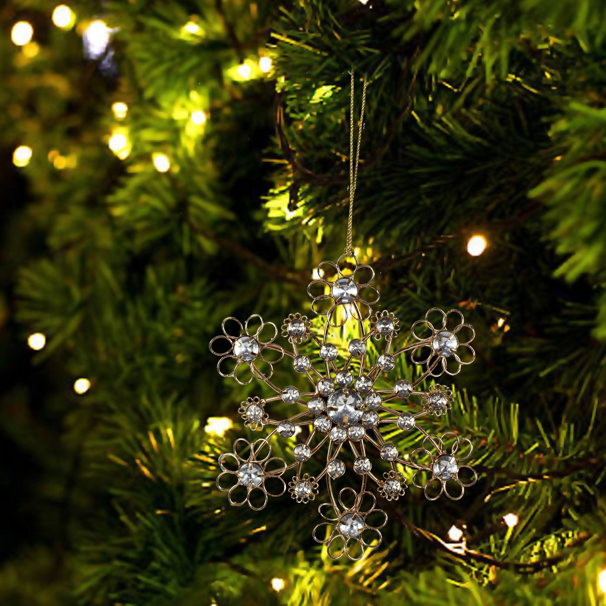 Set of 3 Rose Golden Jewelled Snowflake Shaped Christmas Tree Ornaments