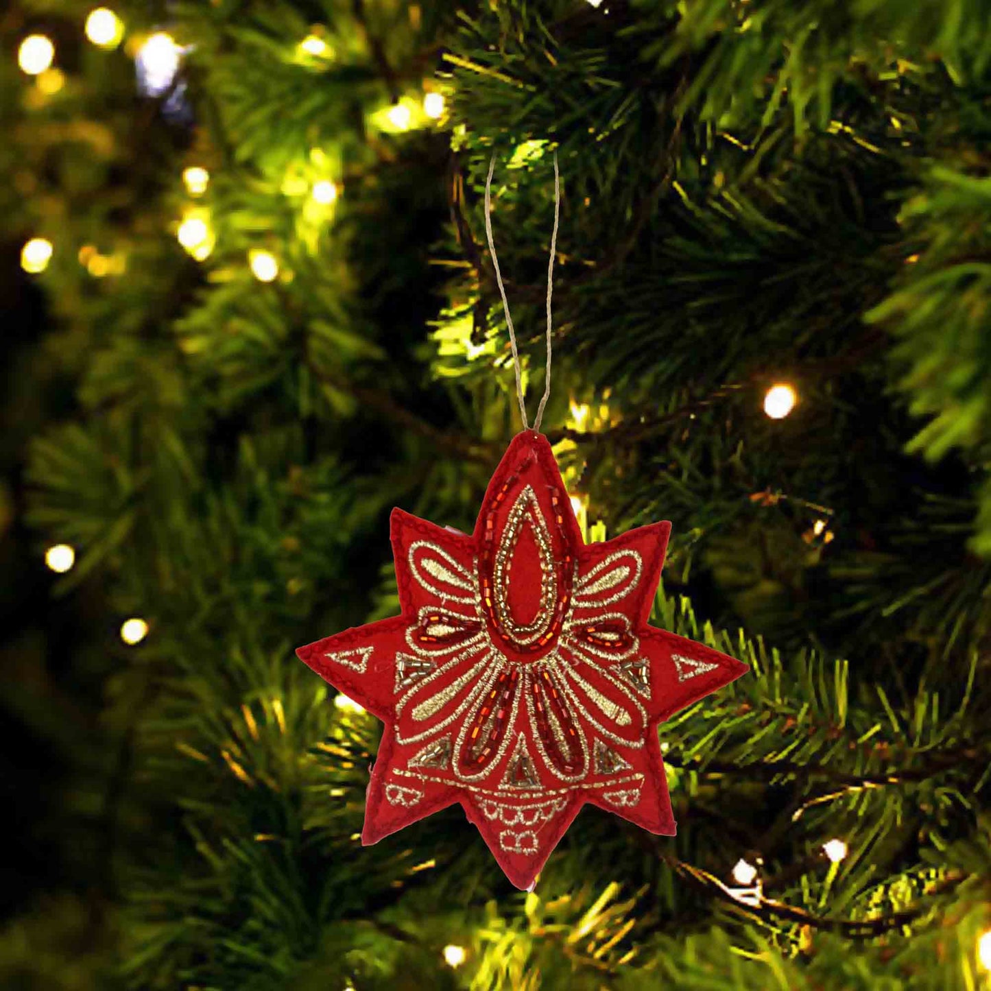 Set of 4 Embroidered Star Shaped Christmas Tree Decorative Ornament