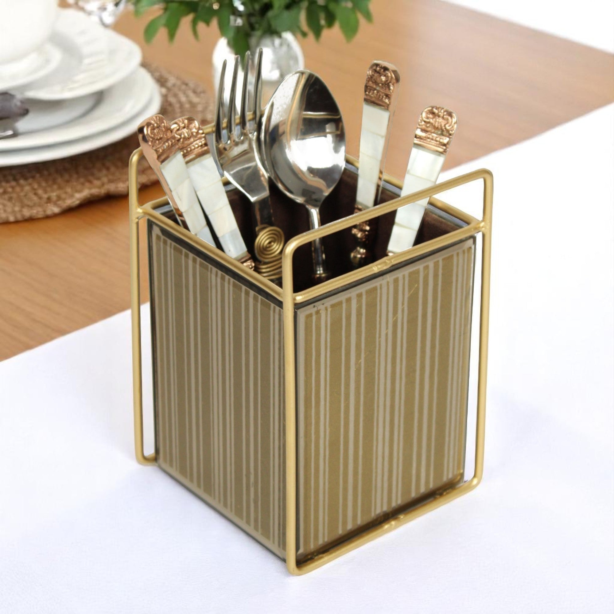 Luxury Brown Glass Stripe Design Cutlery Holder