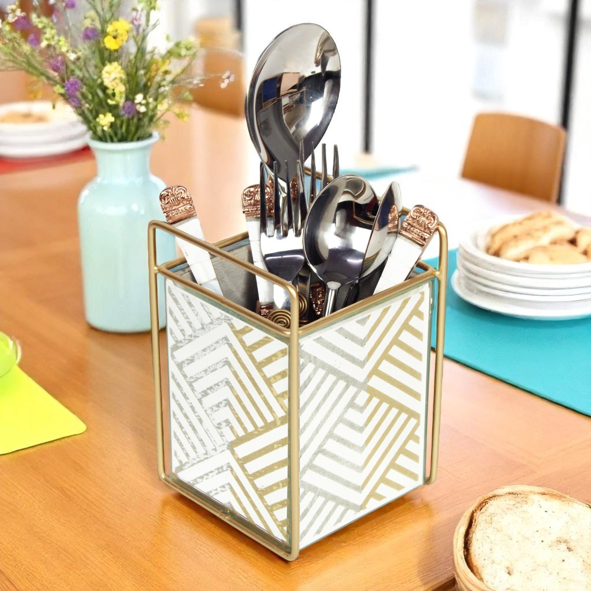 Luxury Silver Glass Geometric Design Cutlery Holder