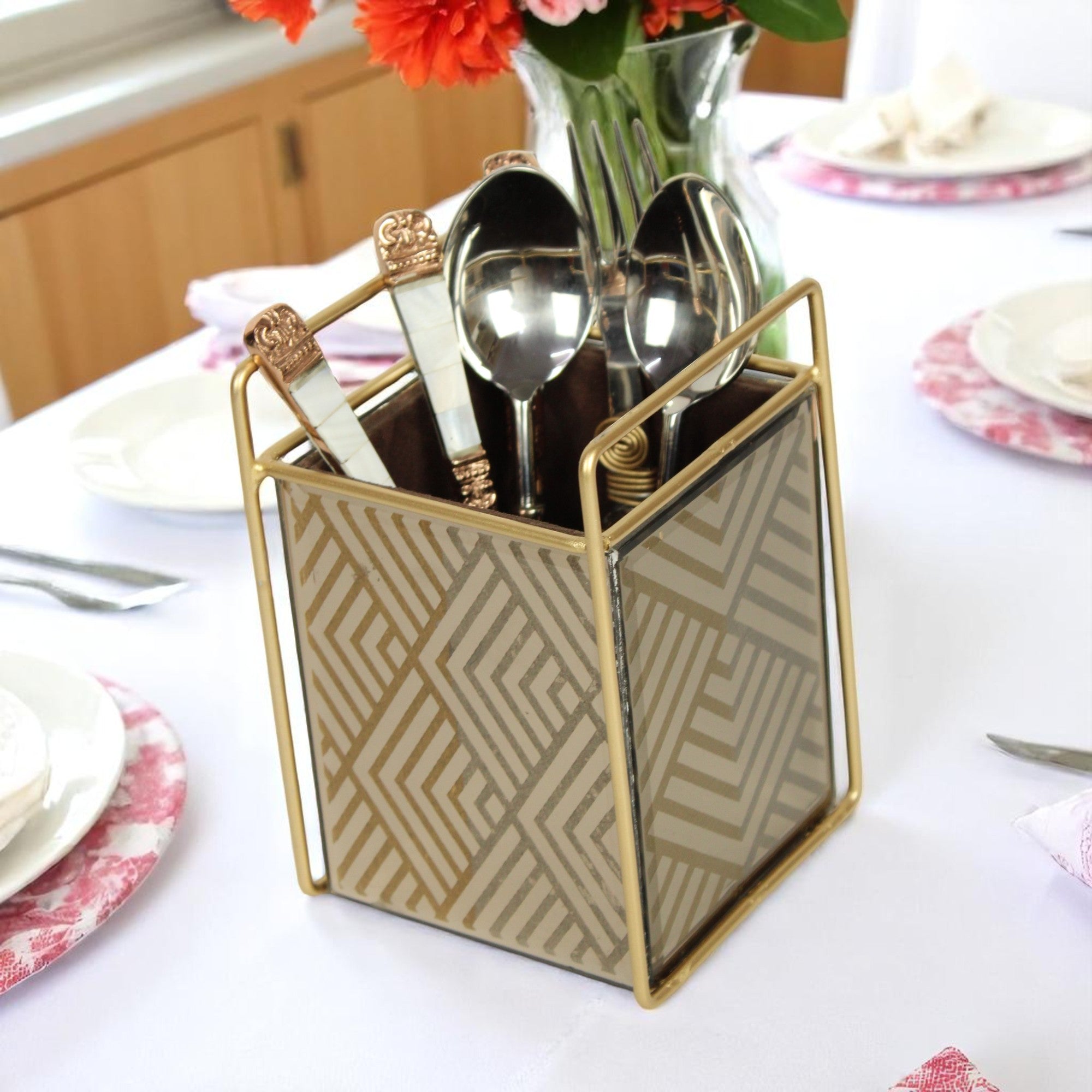 Designer Brown Glass Rhombus Design Cutlery Holder