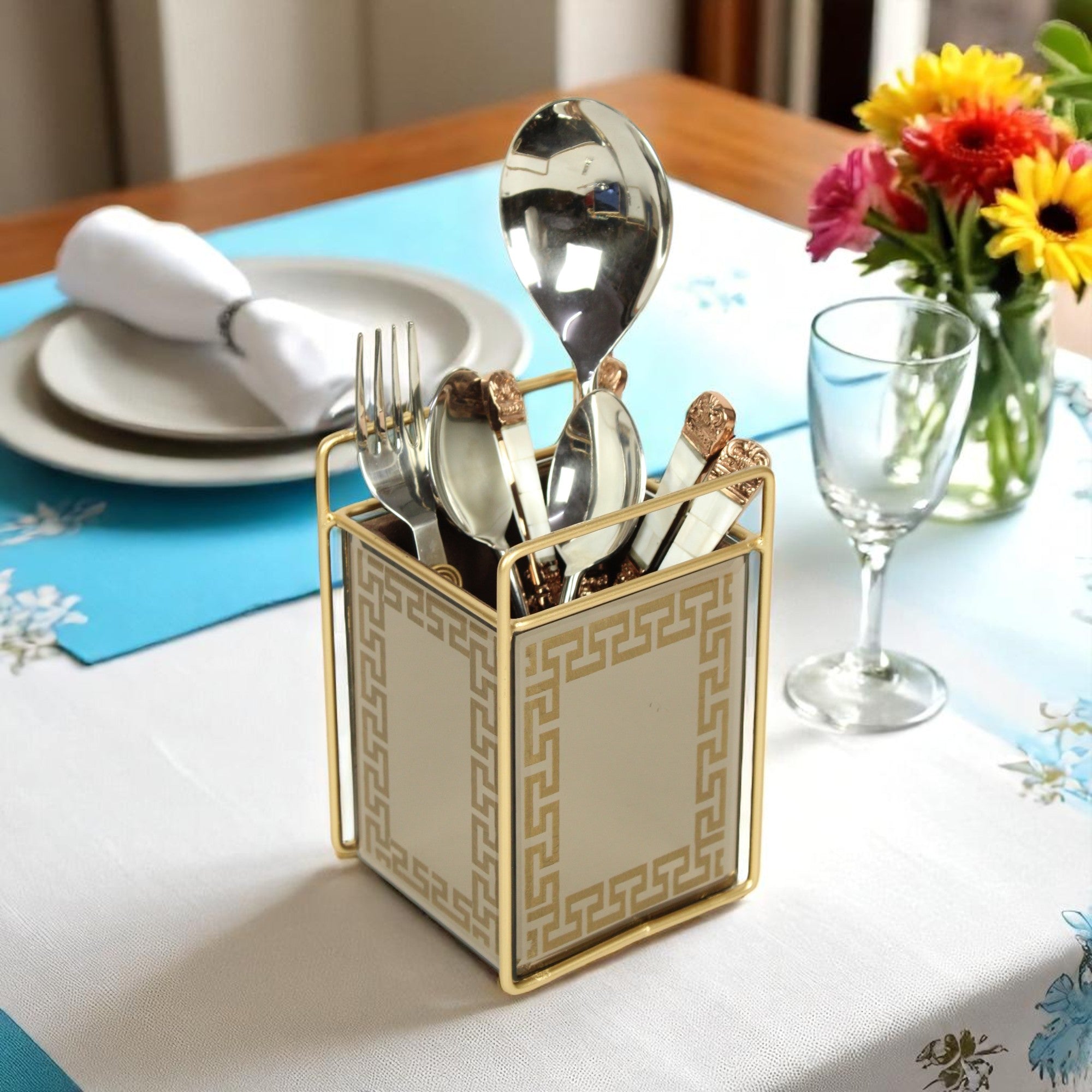 Designer Brown Glass With Foil Work Cutlery Holder