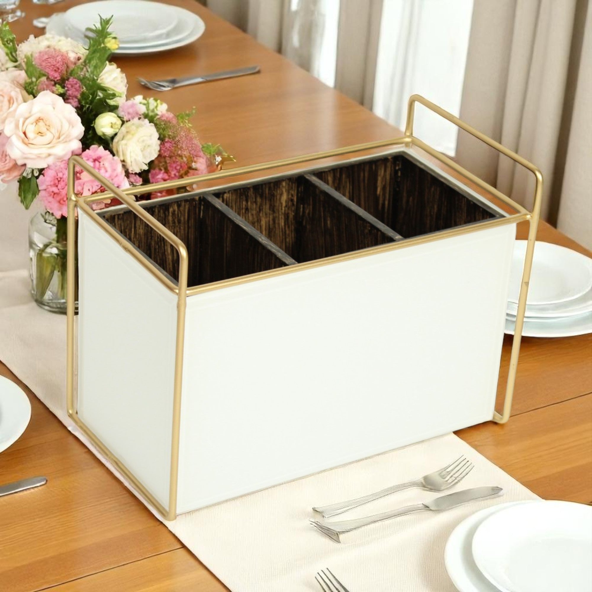Luxury White Glass Cutlery Holder With Three Partition